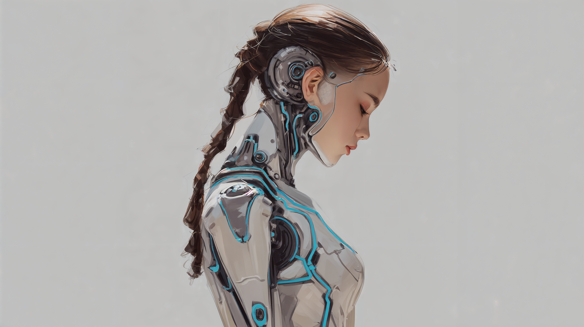 4K Ultra HD PC desktop wallpaper: profile of a sci‑fi girl with braided hair and exposed cybernetic neck and torso, blue circuit accents on a pale background.
