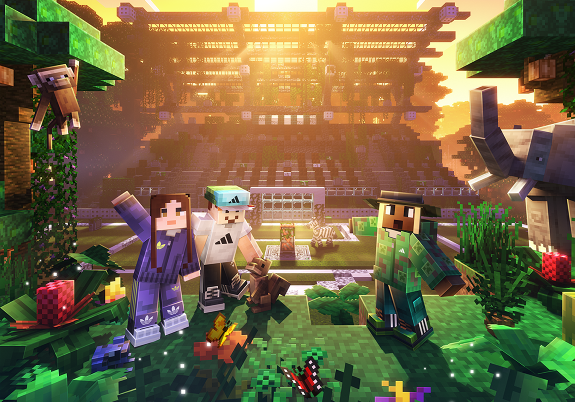 HD PC desktop wallpaper: Minecraft crossover with four blocky characters in Adidas-style outfits posing in a sunlit temple garden, vibrant colors and detailed foliage.
