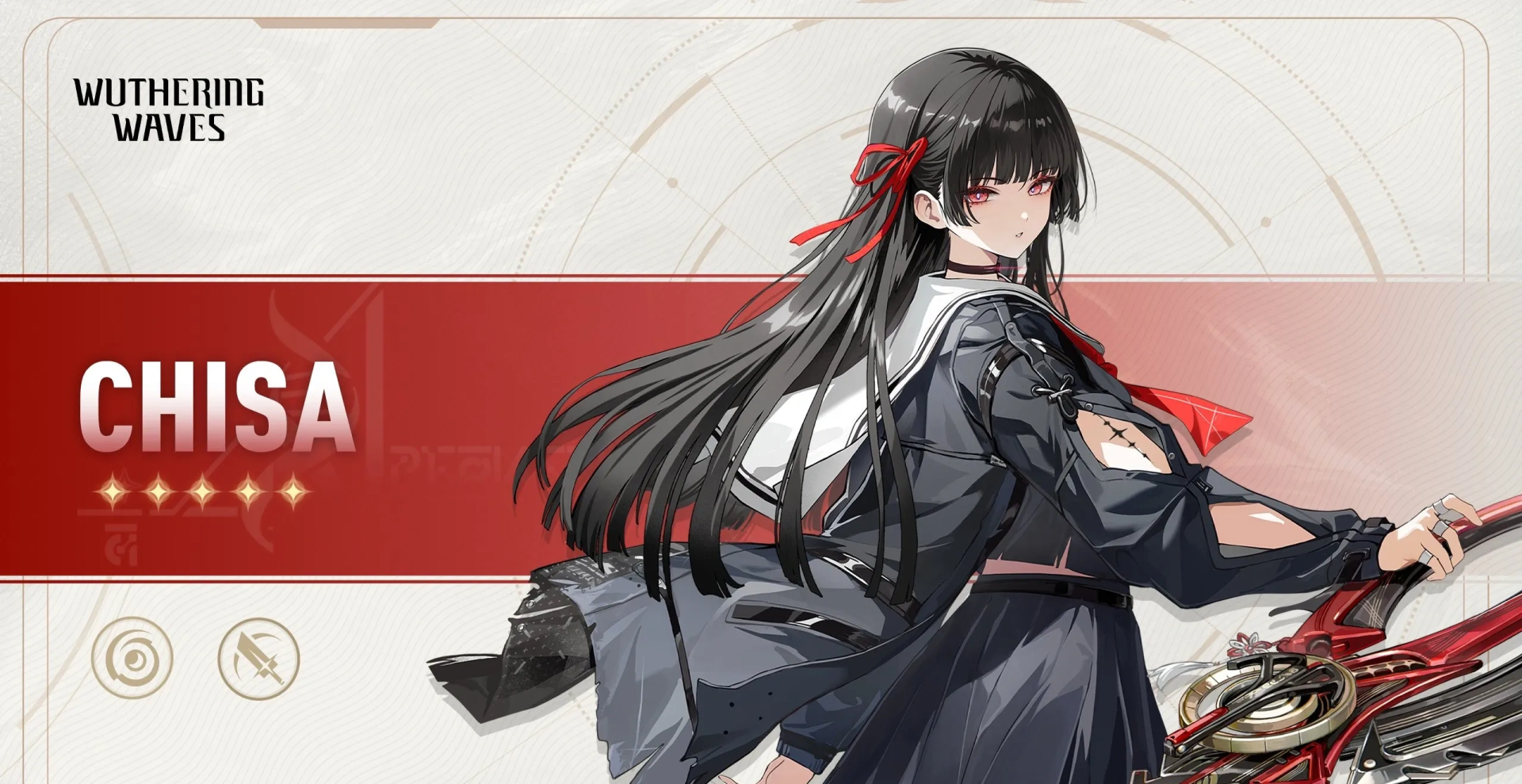HD PC wallpaper of Chisa from the video game Wuthering Waves — dark-haired anime woman in a black outfit with red accents.