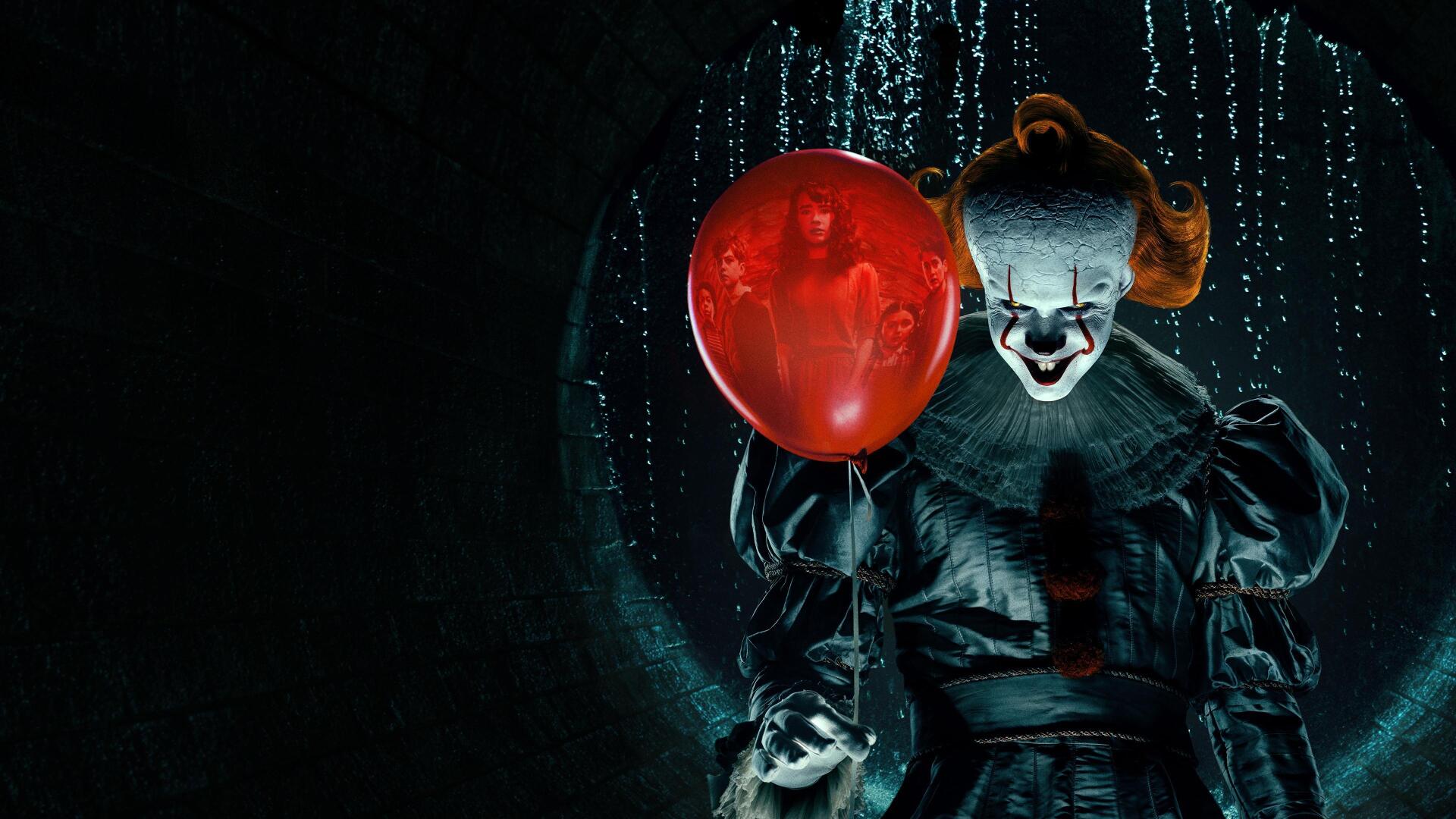Menacing Pennywise clown from IT: Welcome to Derry (TV show) emerging in rain, holding a glowing red balloon — 4K Ultra HD PC desktop wallpaper/background.