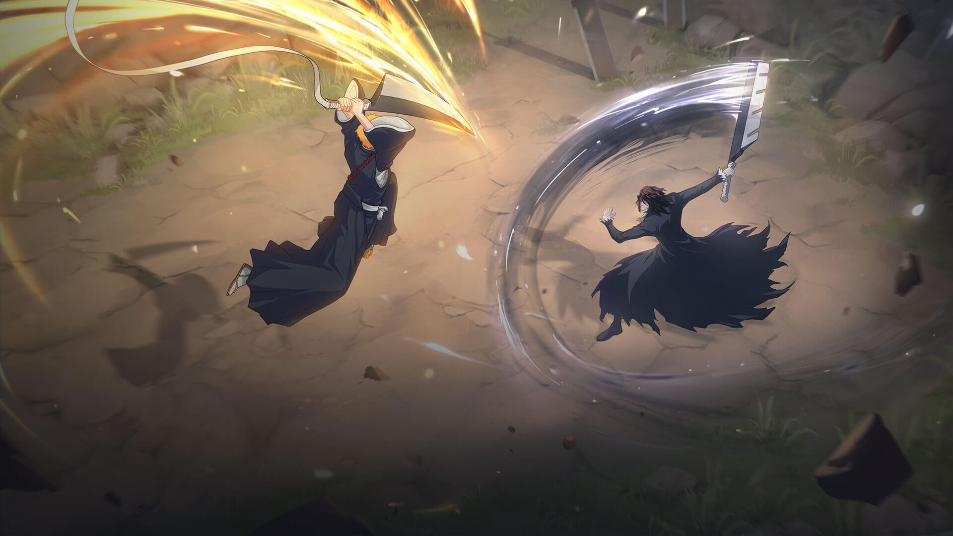 HD PC desktop wallpaper from mobile game Bleach: Soul Resonance showing two black‑robed swordfighters clashing midair — one unleashing golden energy, the other cutting a shadowy blade arc.