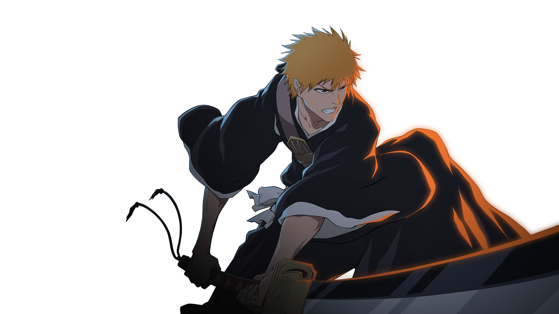 HD PC wallpaper of Ichigo Kurosaki from mobile game Bleach: Soul Resonance — crouched with a glowing orange aura and drawn sword against a dark background.