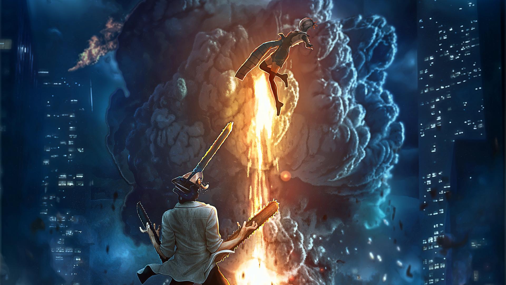 Chainsaw Man 5K Ultra HD PC desktop wallpaper and background: chainsaw-headed figure launched skyward by a fiery blast above a neon-lit city, surrounded by billowing smoke and glowing embers.