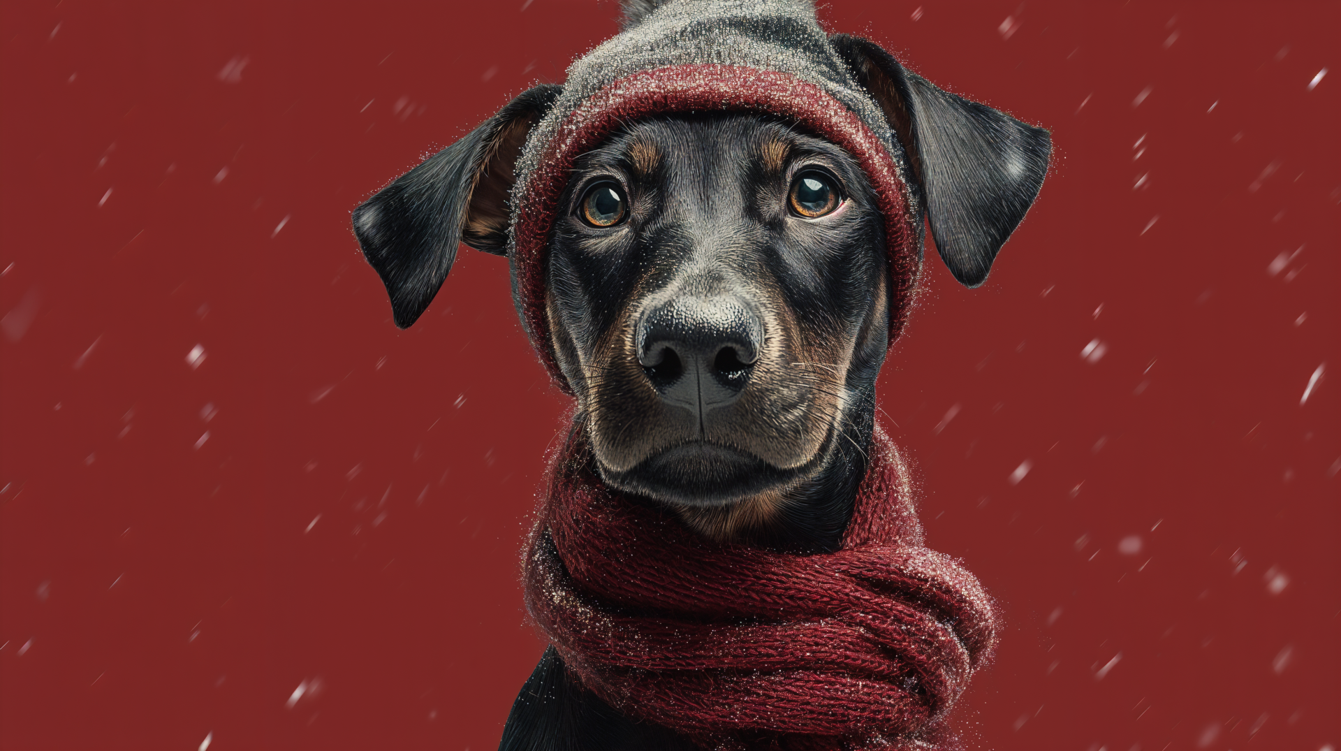 Black dog in a red knit hat and scarf with falling snow on a deep red backdrop — holiday Christmas 4K Ultra HD PC desktop wallpaper/background.
