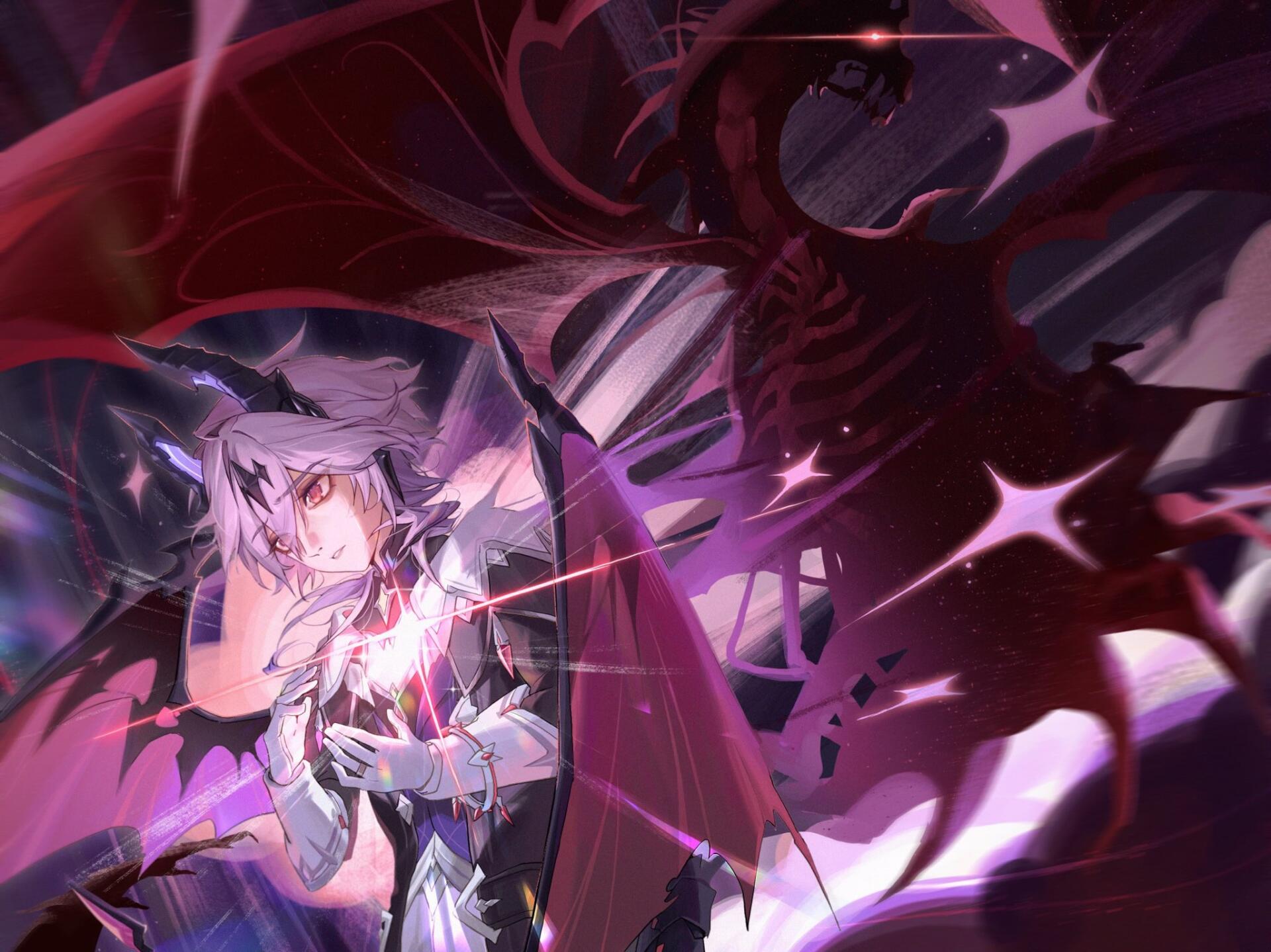 HD PC wallpaper of Durin from the video game Genshin Impact — a winged figure in a swirling red-purple aura, glowing eyes and drifting feathers.