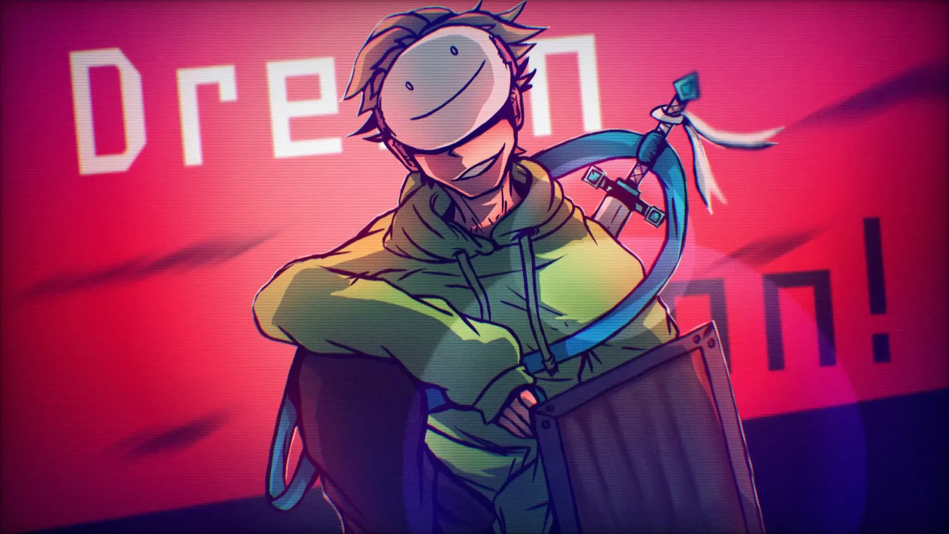 HD PC wallpaper of a cartoon Minecraft YouTuber character in a green hoodie and white smiley mask, holding a ribboned curved blade and wooden shield against a vivid red backdrop.