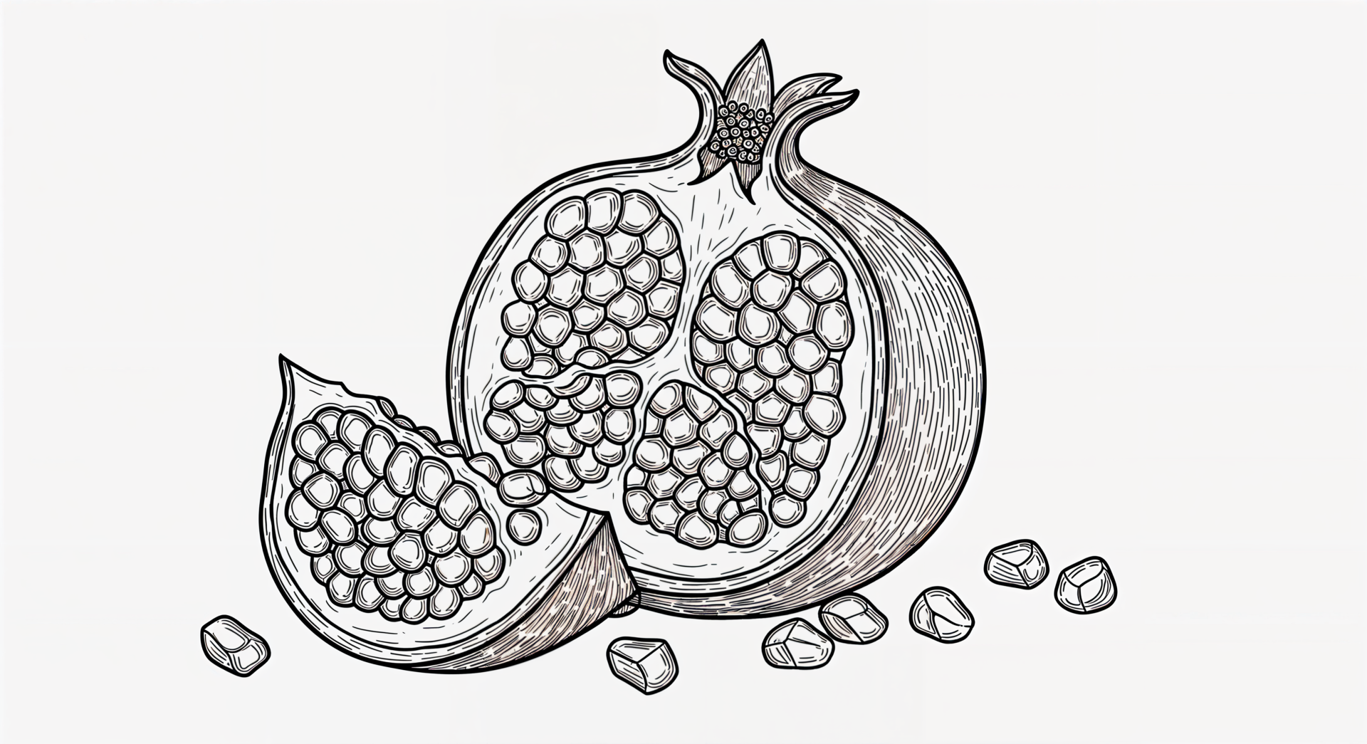 Monochrome line art of a pomegranate—whole, a sliced wedge, and scattered seeds. 4K Ultra HD PC desktop wallpaper and background.
