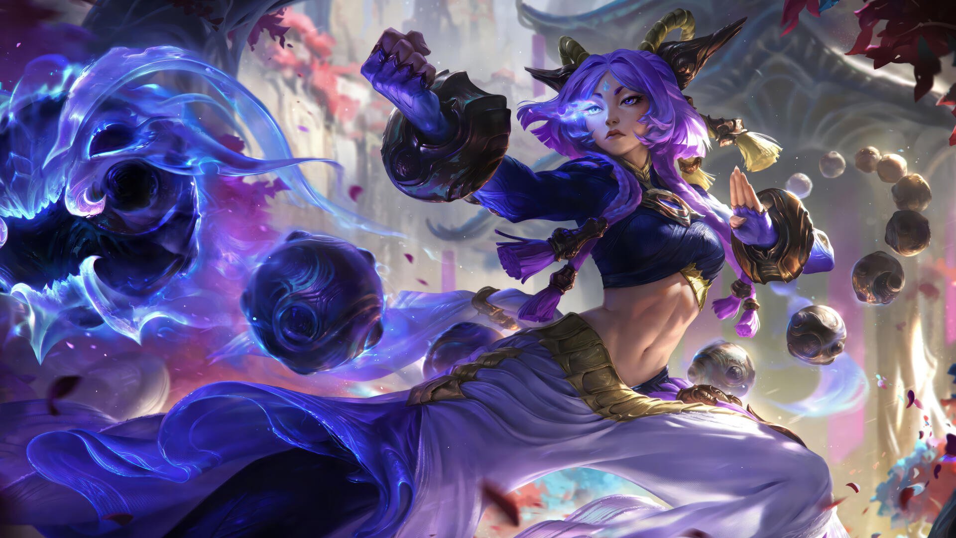 8K Ultra HD PC desktop wallpaper of Yunara (League of Legends), a video game character — purple-haired champion in flowing robes, casting swirling dark energy orbs in a dynamic battle pose.