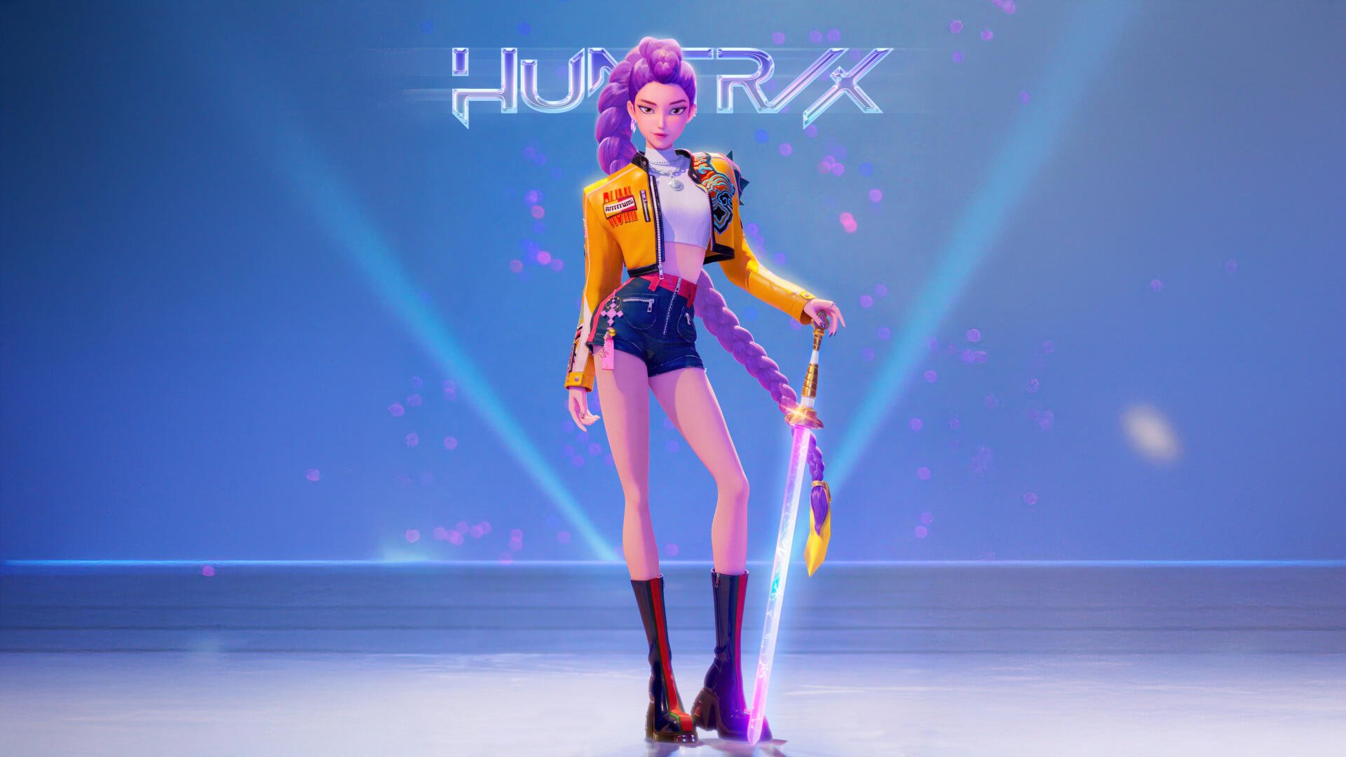KPop Demon Hunters 5K Ultra HD PC desktop wallpaper/background: stylized K-pop demon hunter with purple braid, yellow jacket and glowing sword on a neon-lit stage.