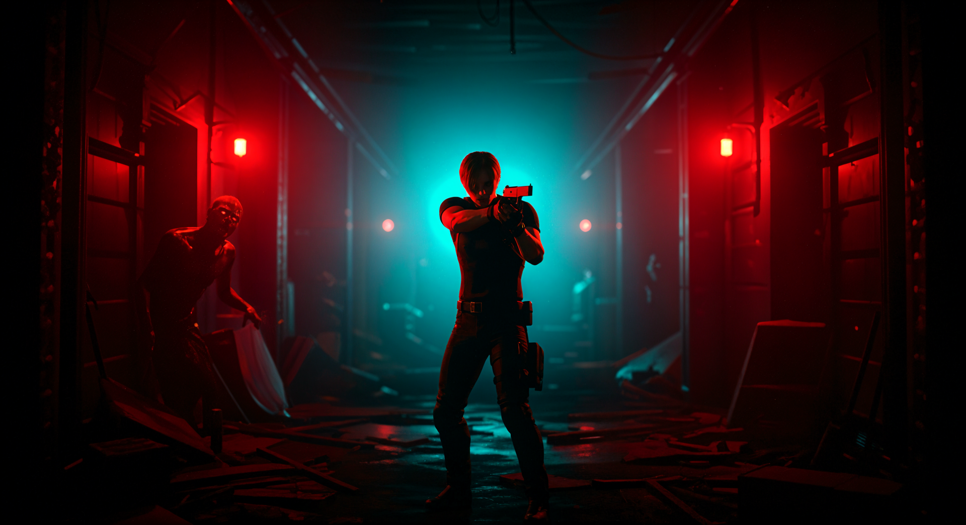 Resident Evil 4K Ultra HD PC desktop wallpaper and background: silhouetted armed figure in a dim, red-and-teal-lit corridor, eerie zombie shapes emerging from the shadows.