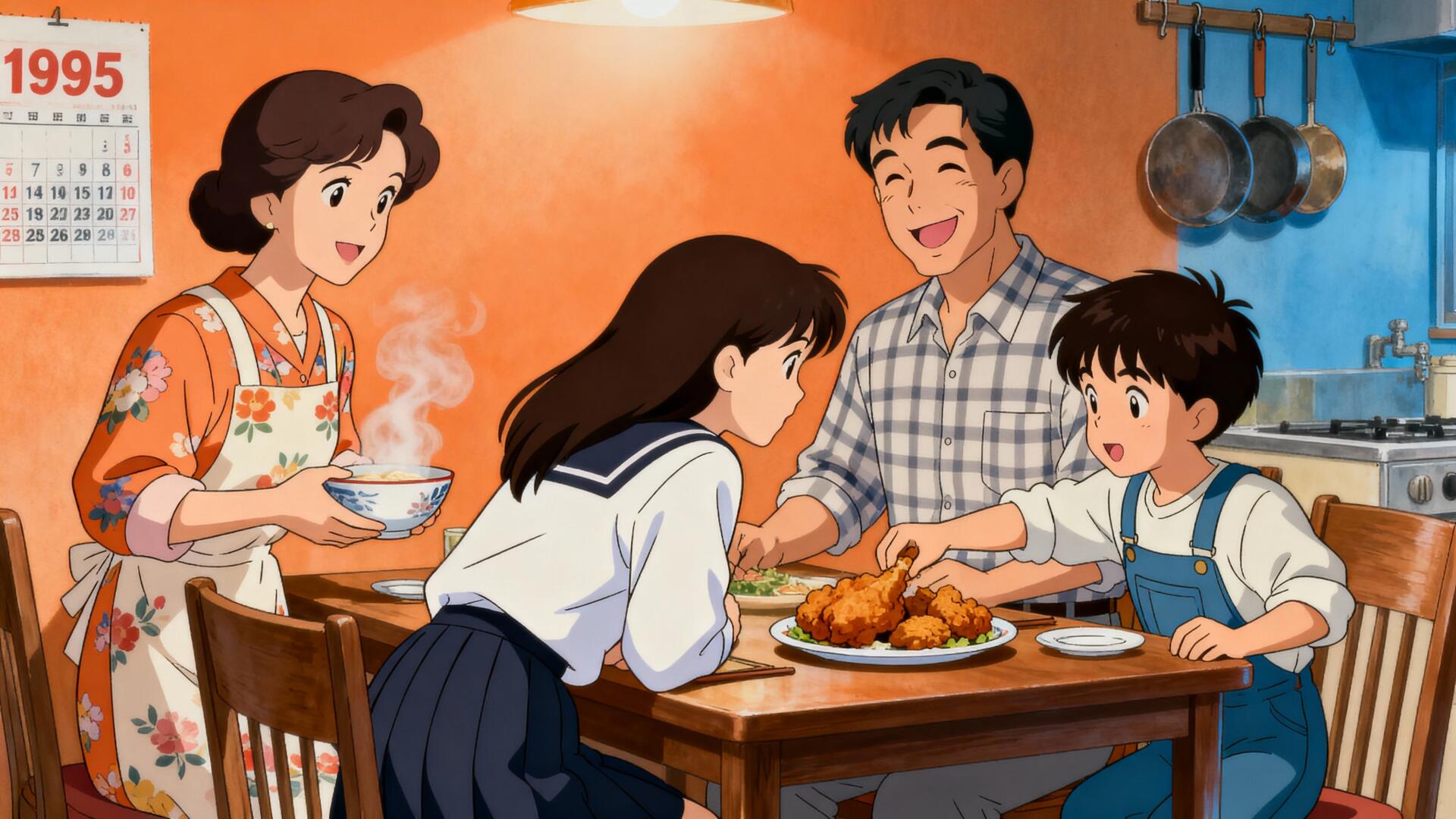 4K Ultra HD PC Desktop Wallpaper and Background: warm family gathering in a cozy kitchen, parents and children smiling as they share steaming roast at a wooden table.