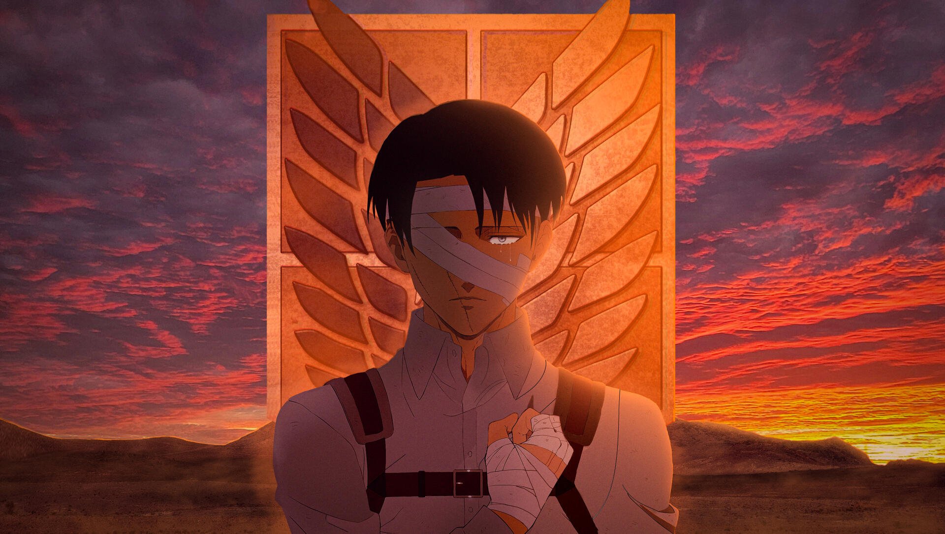 Levi Ackerman standing before the Scout Regiment emblem at sunset, dramatic 2K Quad HD PC desktop wallpaper and background.