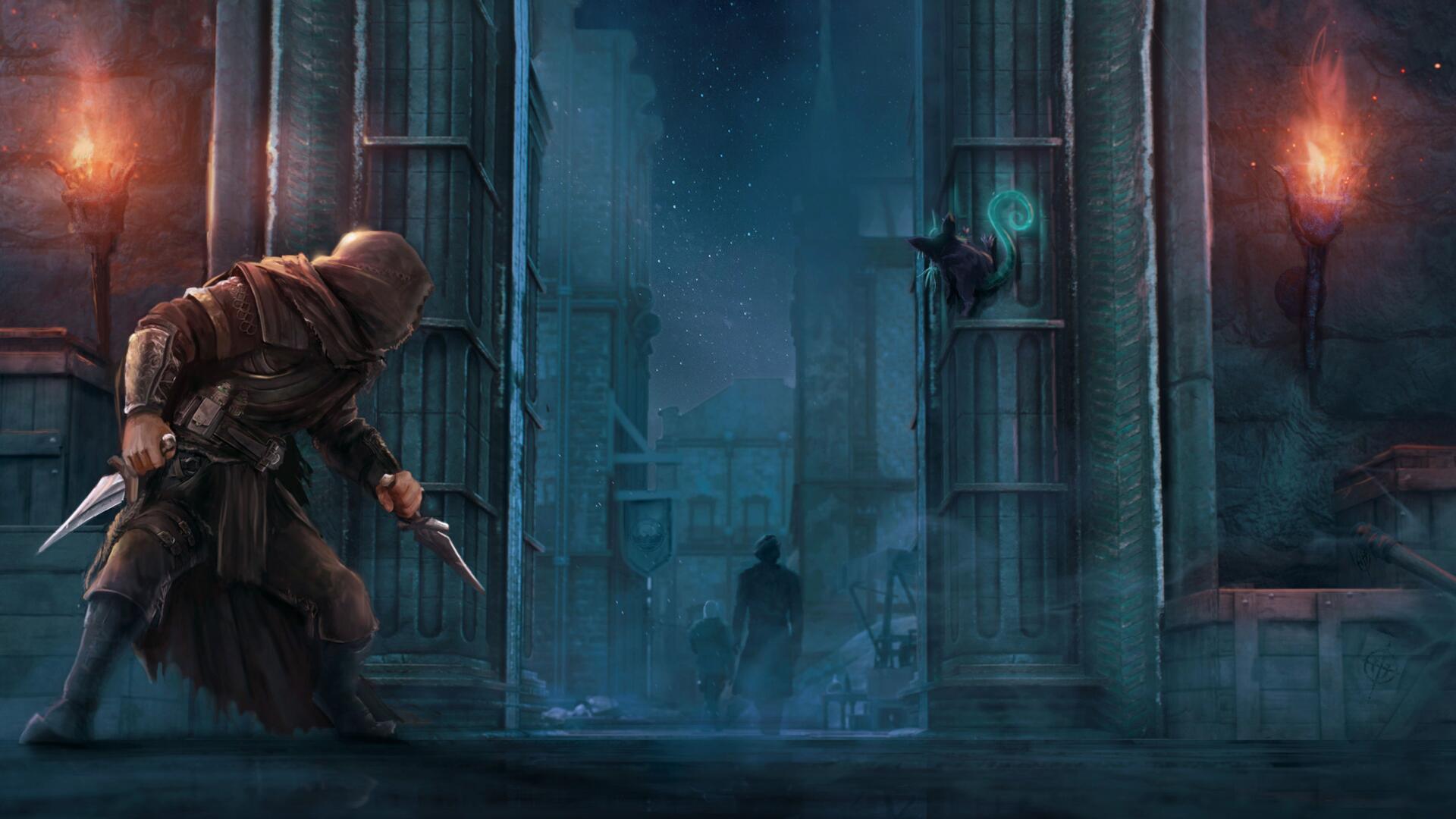 5K Ultra HD PC desktop wallpaper/background — Ashes of Creation video game thief: hooded rogue in a stealth RPG scene, dagger drawn, slipping through a torchlit city alley.