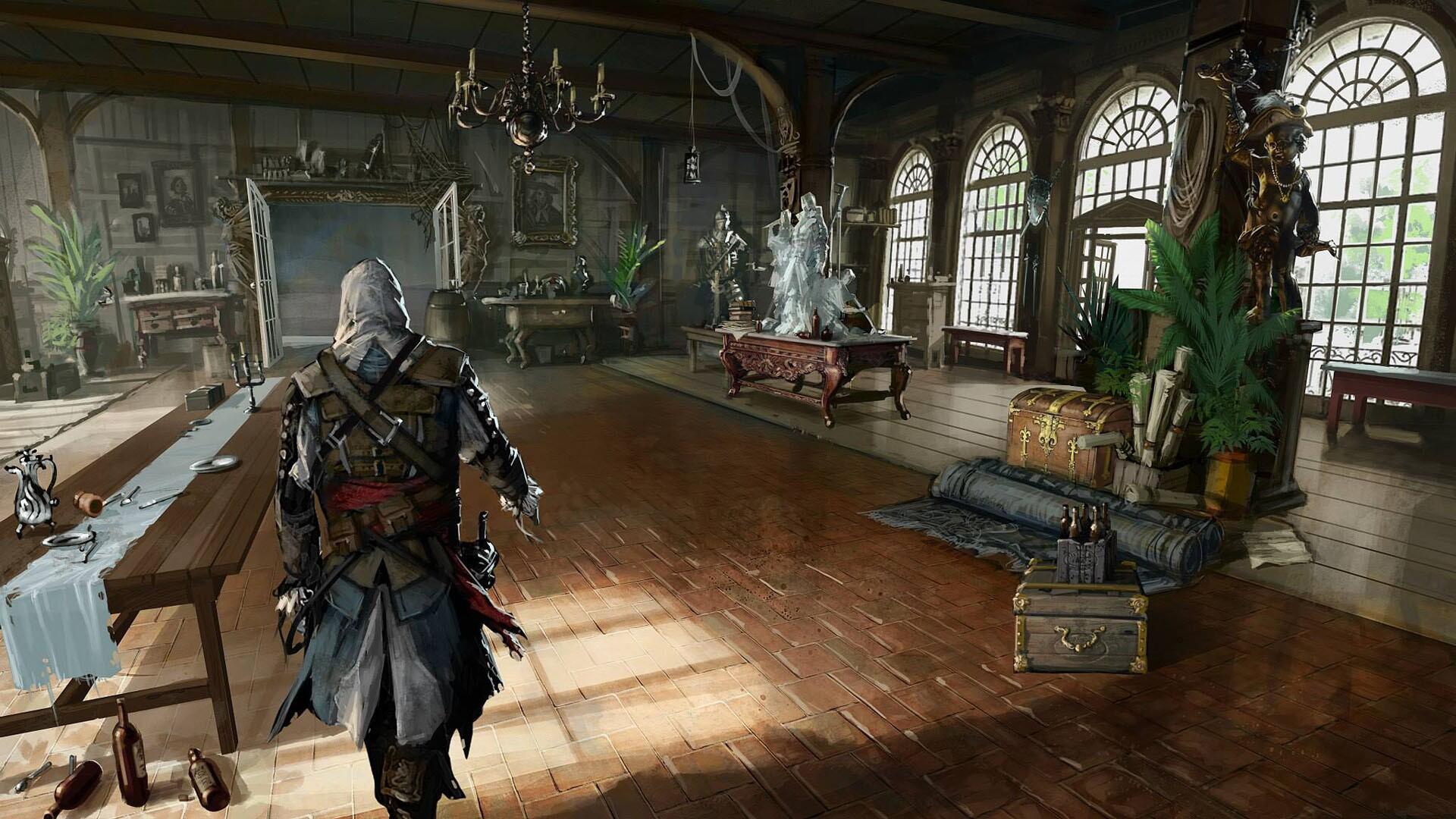 HD PC desktop wallpaper of the video game Assassin's Creed: Black Flag — hooded pirate assassin stands in a sunlit ship cabin filled with chests, maps, and naval decor.