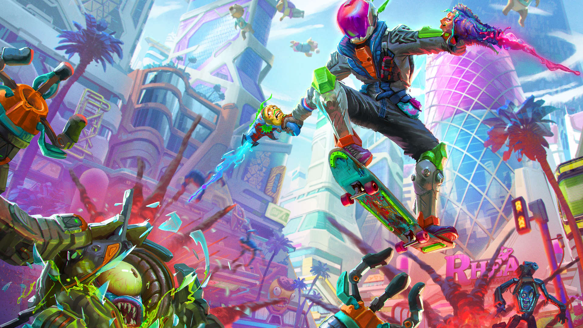 High On Life 2 video game 2K Quad HD PC desktop wallpaper of a neon sci‑fi city with a skateboarder mid‑air over aliens, palm trees and futuristic buildings