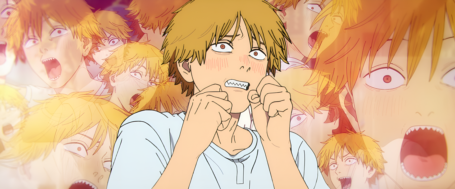 Anime 2K Quad HD PC desktop wallpaper background of Denji (Chainsaw Man) nervously biting his nails, surrounded by multiple expressive duplicates in warm orange tones.