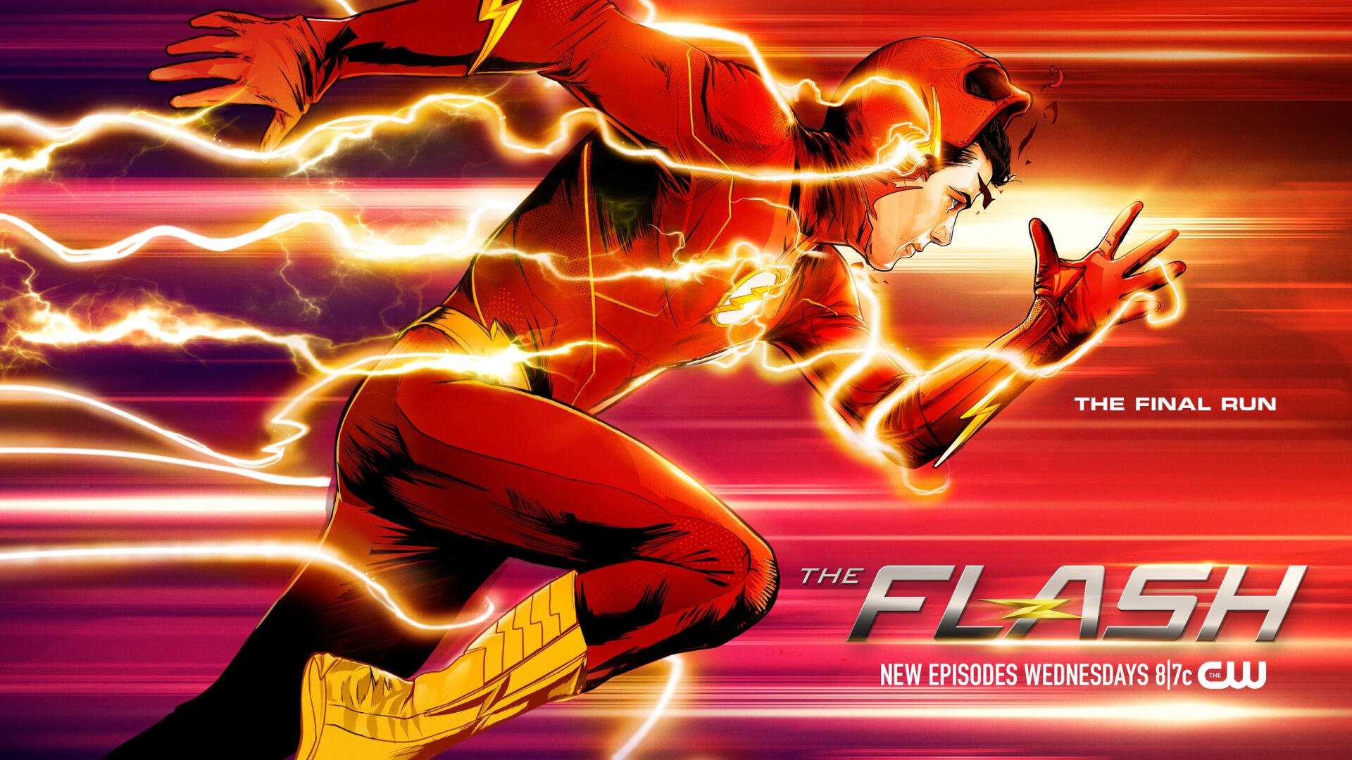 HD PC desktop wallpaper/background of The Flash (2014 TV show): red‑suited speedster racing with yellow lightning streaks across a motion‑blurred red backdrop.