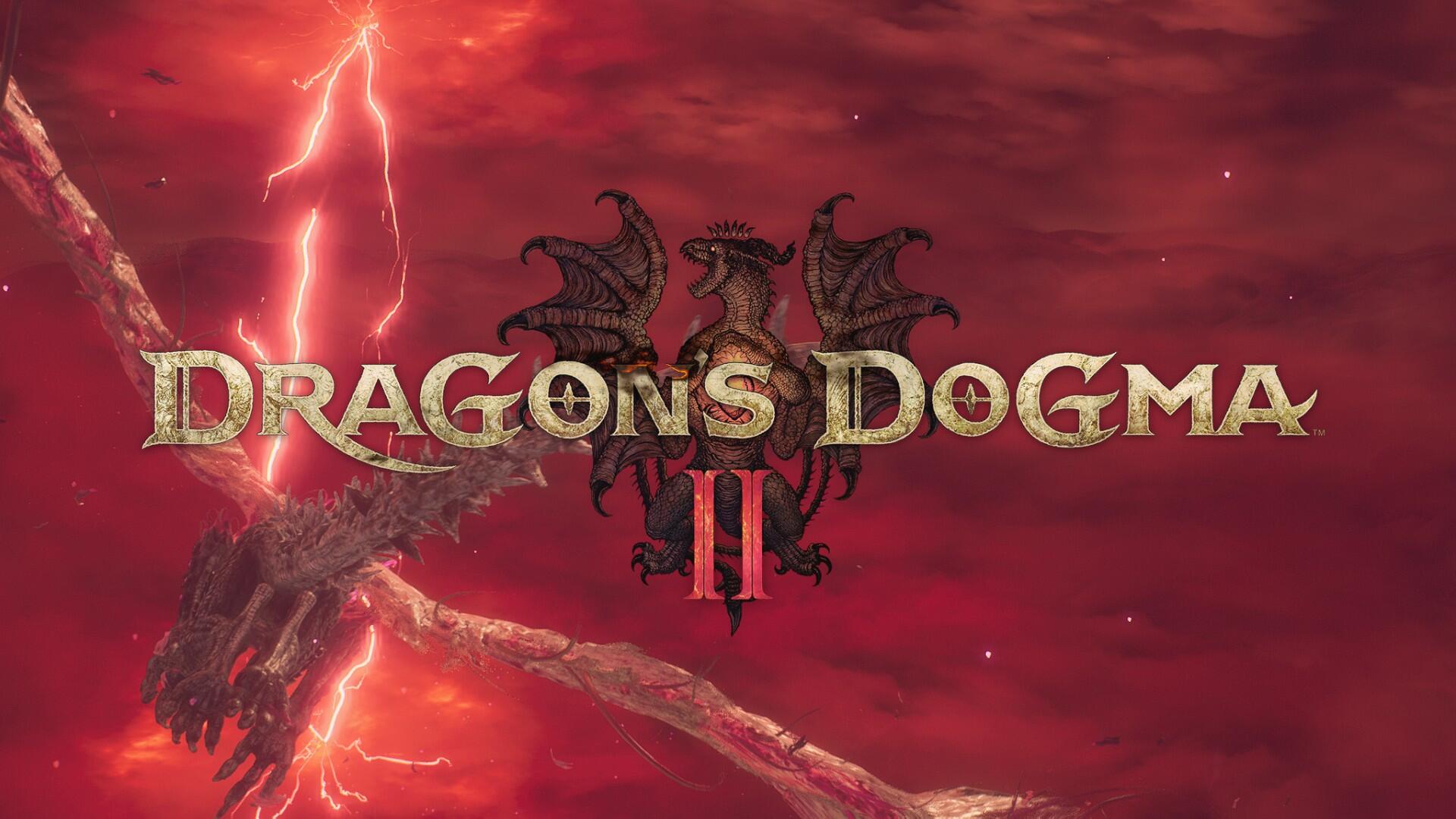 HD PC desktop wallpaper/background for the video game Dragon's Dogma 2: gold logo over a crimson storm sky with a two-headed dragon silhouette and streaks of lightning.
