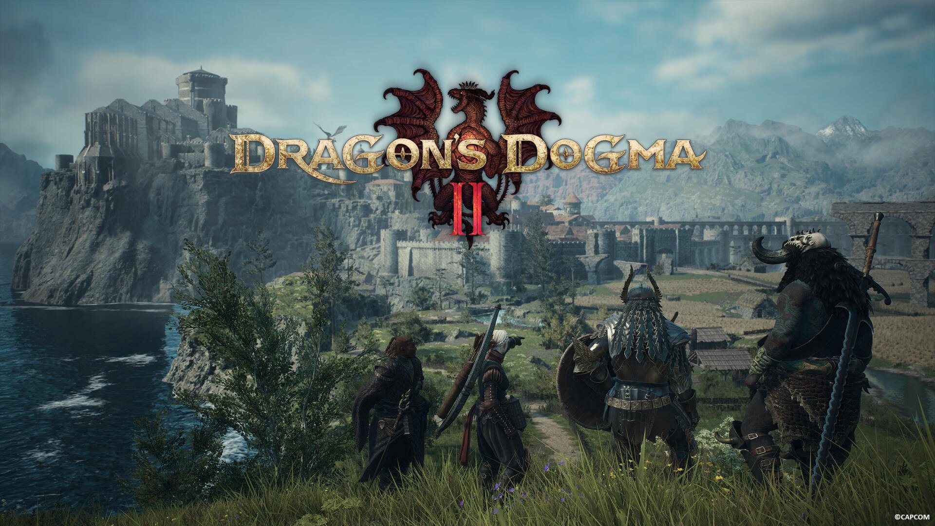 Dragon's Dogma 2 PC wallpaper (2K Quad HD): three armored adventurers gaze at a coastal fortress, Capcom RPG title displayed.