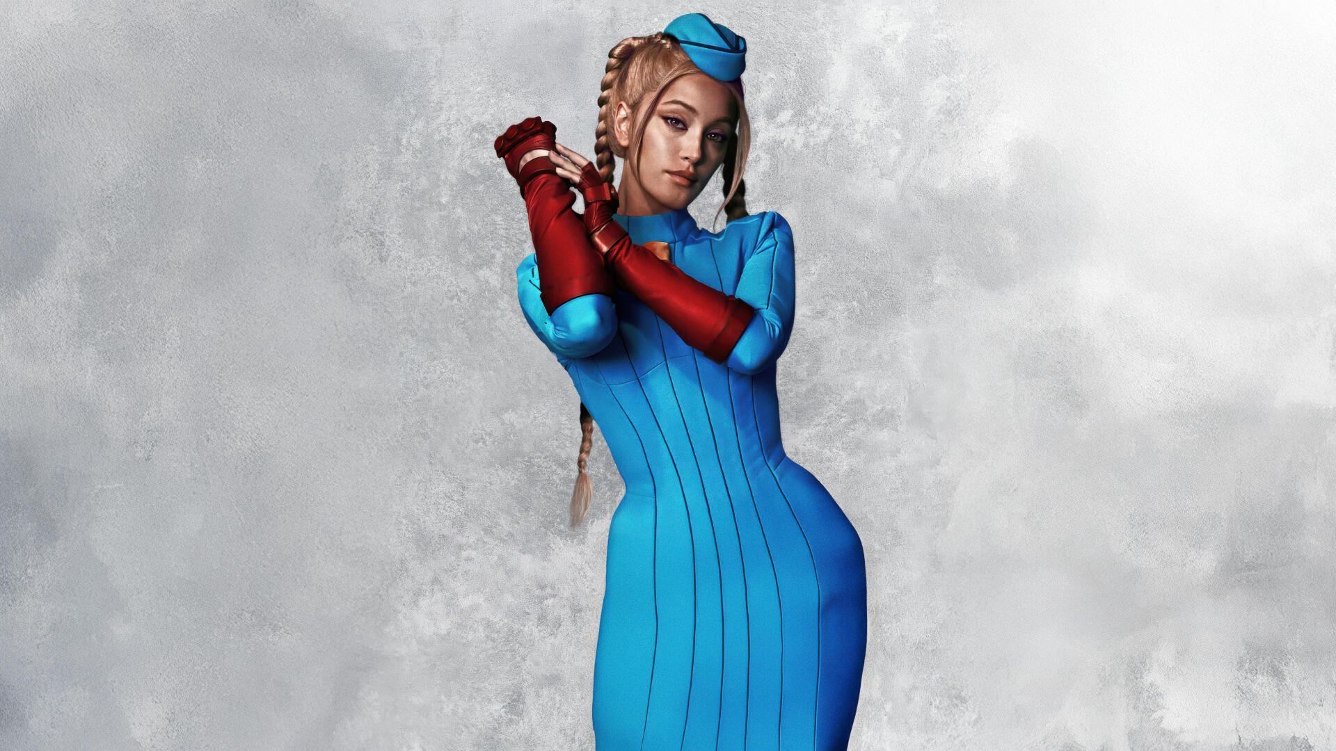 Street Fighter (2026) character in a fitted blue dress with red gloves and a small hat, braided hair, posed against a textured gray backdrop — 5K Ultra HD PC desktop wallpaper.