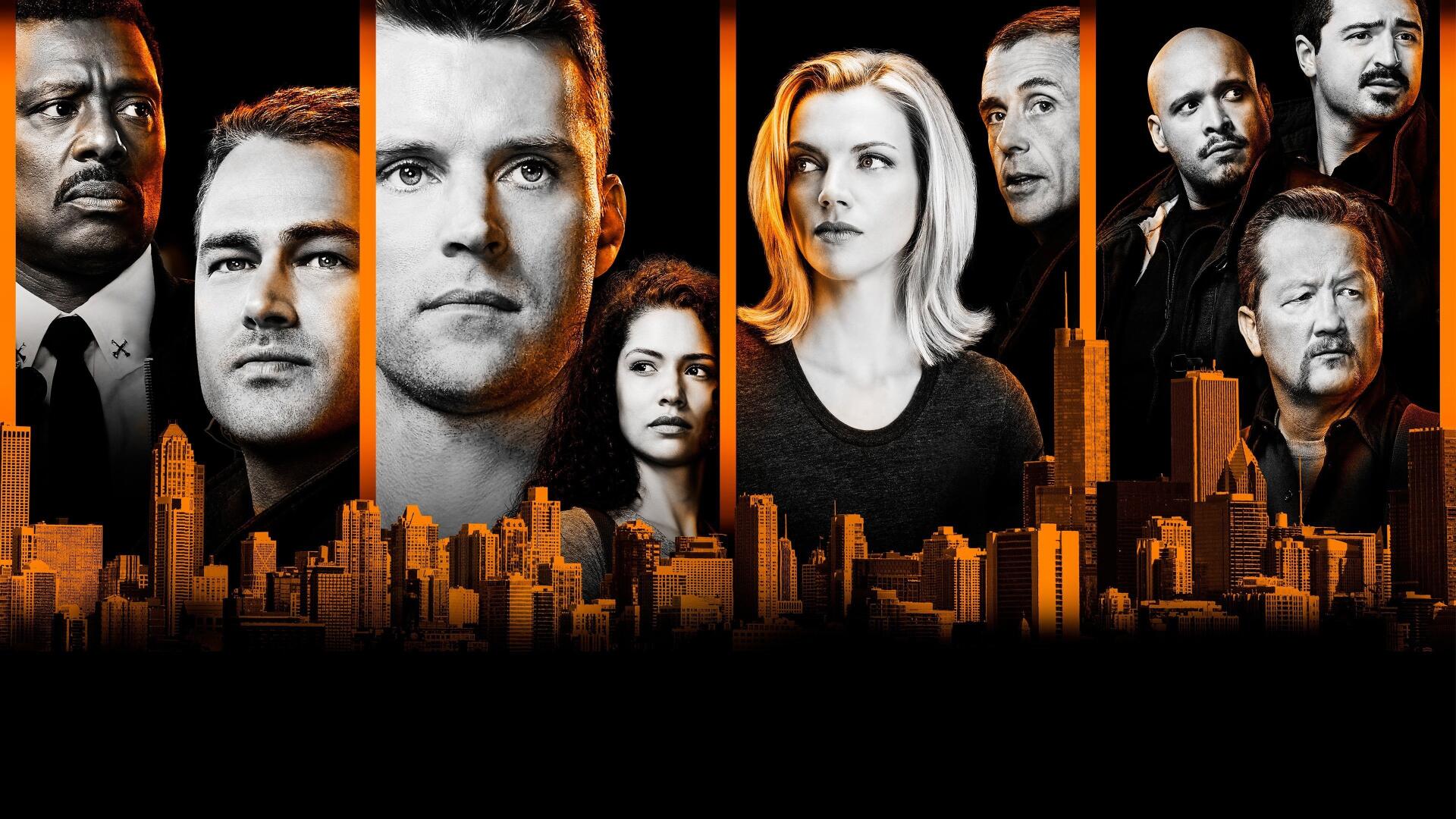 Chicago Fire cast montage over an orange-lit Chicago skyline with vertical panels and a dark backdrop — 4K Ultra HD PC desktop wallpaper/background.