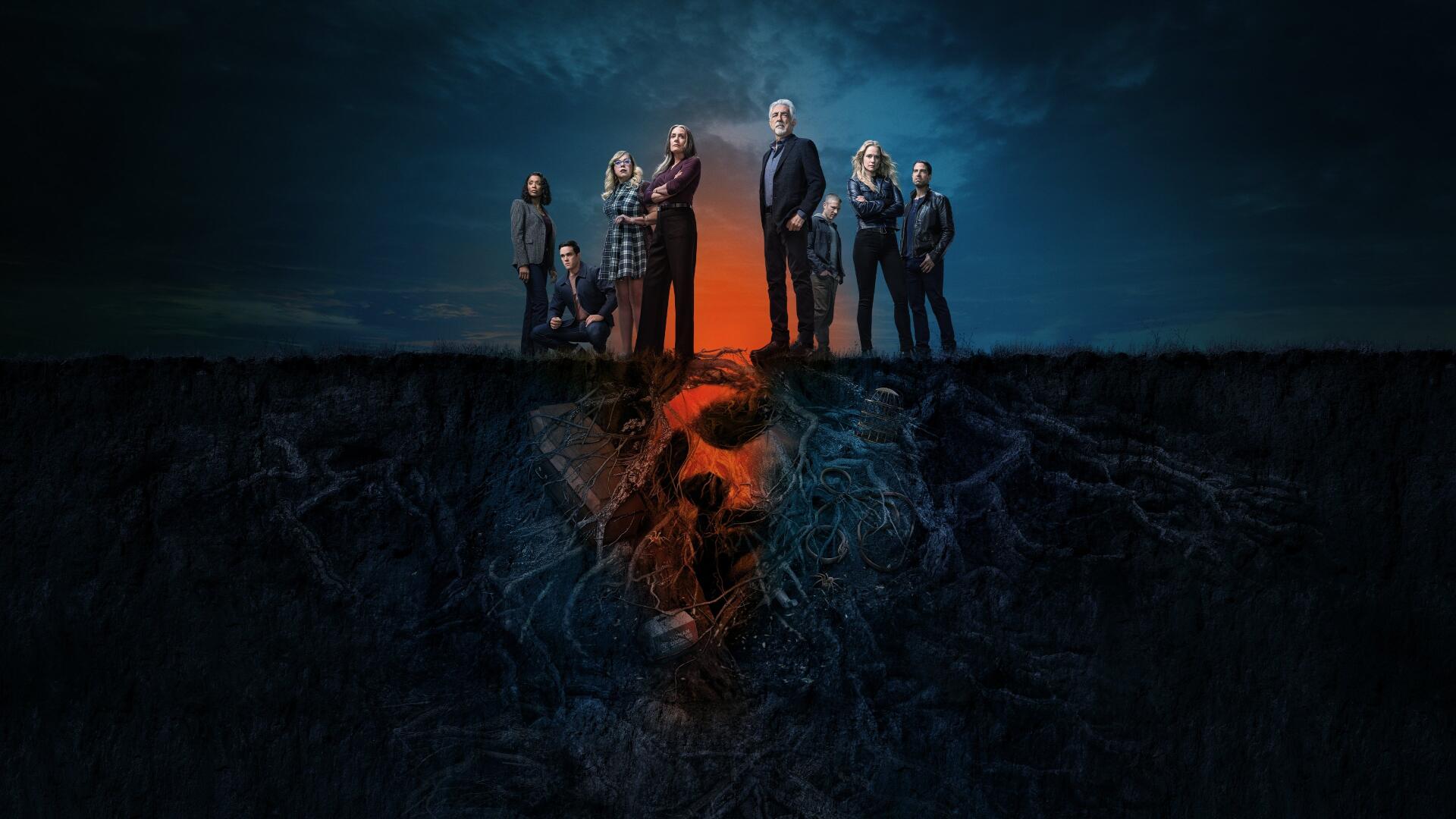 Criminal Minds ensemble stands around a glowing doorway on a dark plain, a giant skull with rootlike veins visible beneath the soil, 4K Ultra HD PC desktop wallpaper/background.