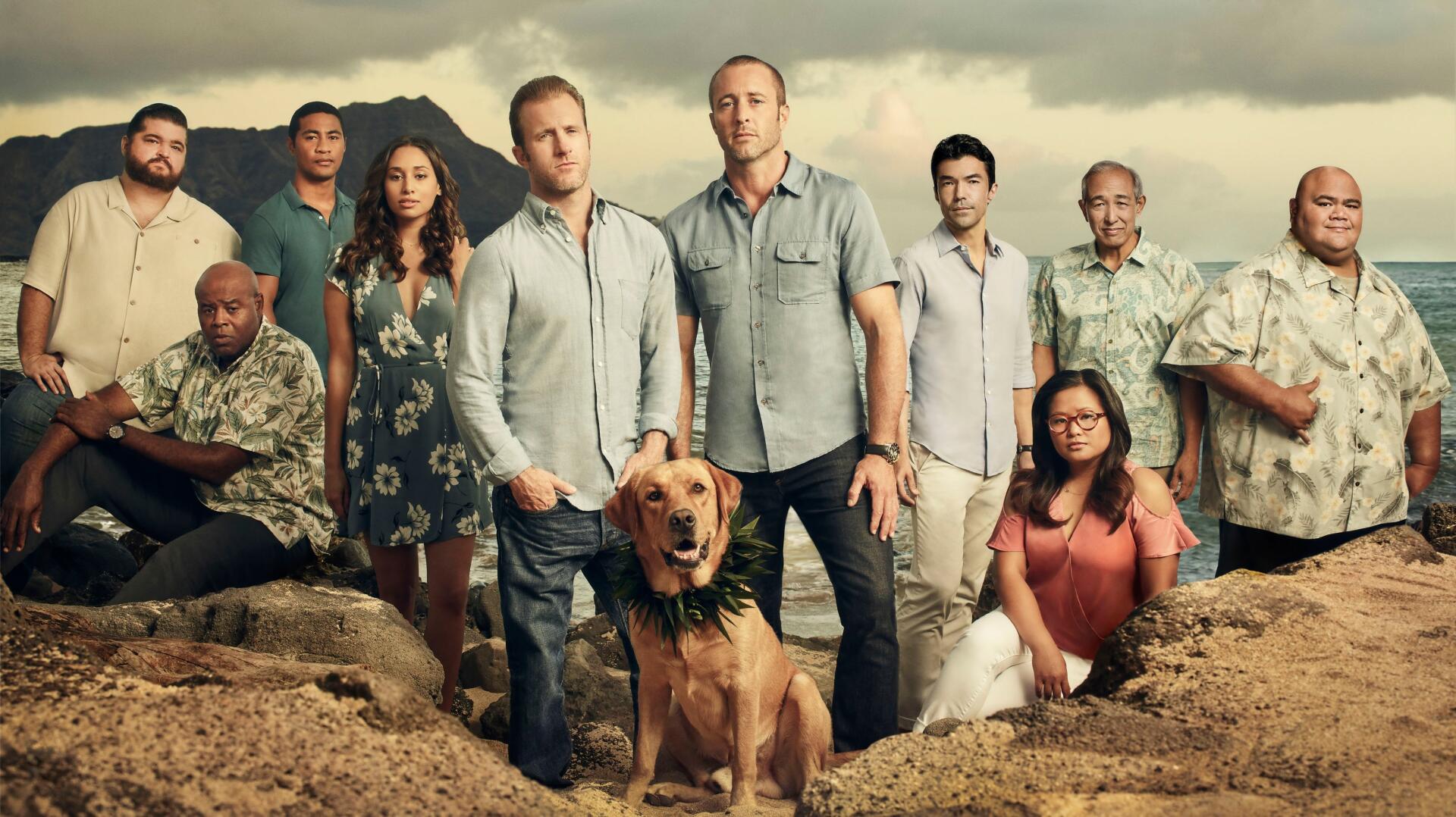 Hawaii Five-O 2K Quad HD PC desktop wallpaper shows a group on a rocky beach, two men at center with a dog, tropical hills and a cloudy sky behind.