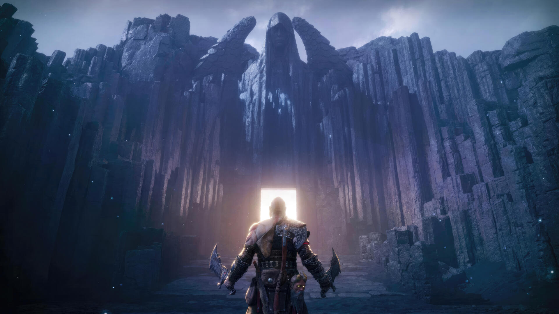 God of War: Ragnarök 5K Ultra HD PC wallpaper — Kratos stands before a glowing portal framed by towering, frost-rimed basalt columns under a stormy sky.
