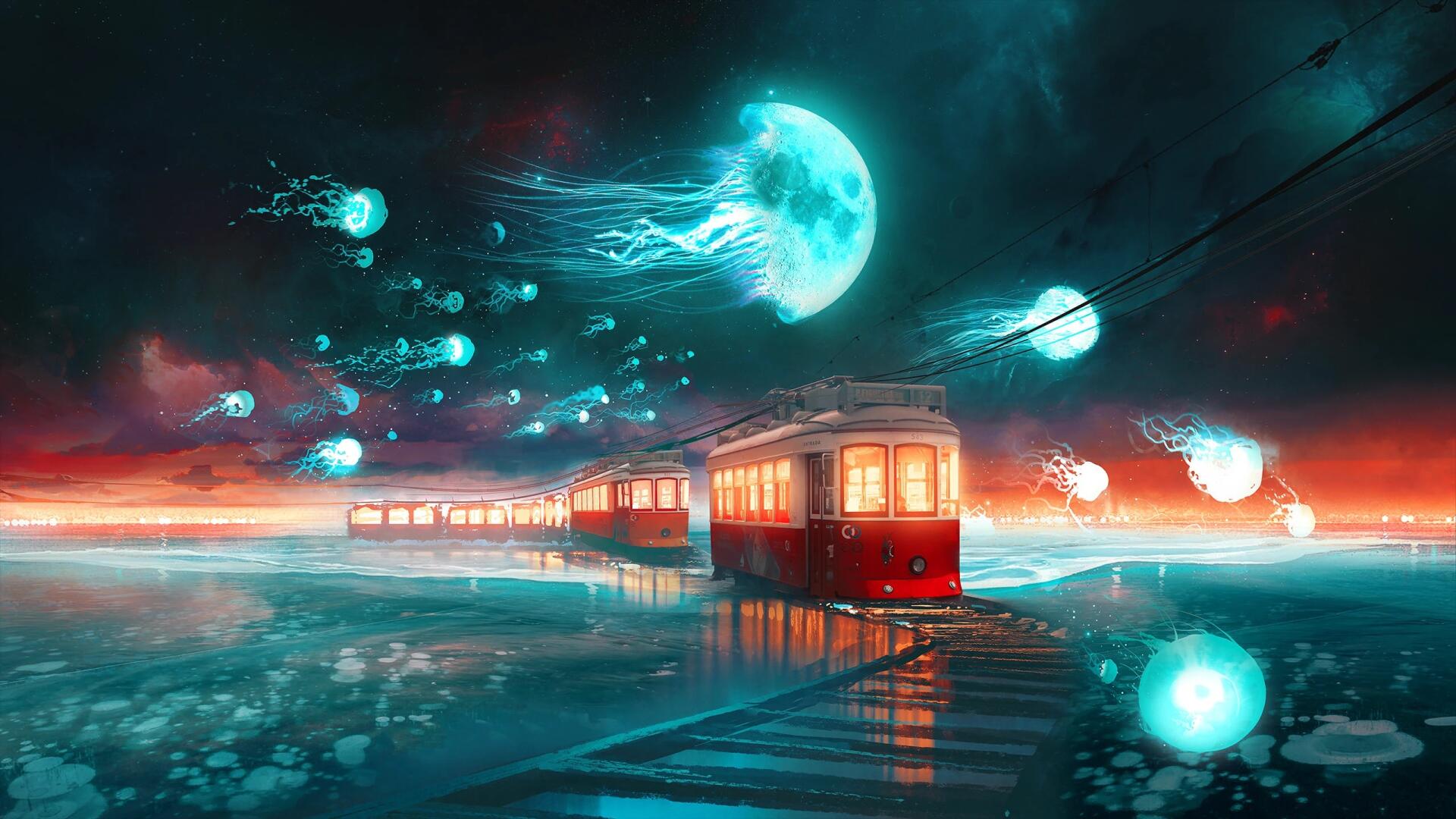 2K Quad HD PC desktop wallpaper and background — a red train crossing mirrored waters in a surreal fantasy landscape as glowing jellyfish drift beneath a turquoise moon.