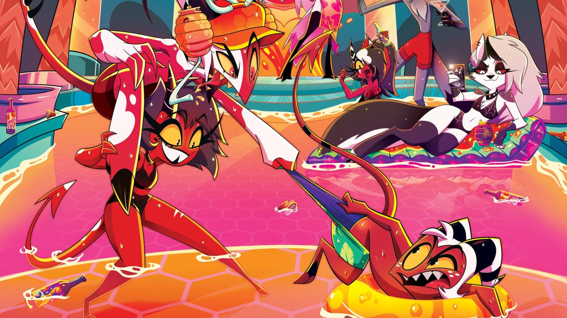 Helluva Boss 4K Ultra HD PC desktop wallpaper: neon pool party with the demon crew splashing, lounging and posing amid vibrant, cartoonish colors.
