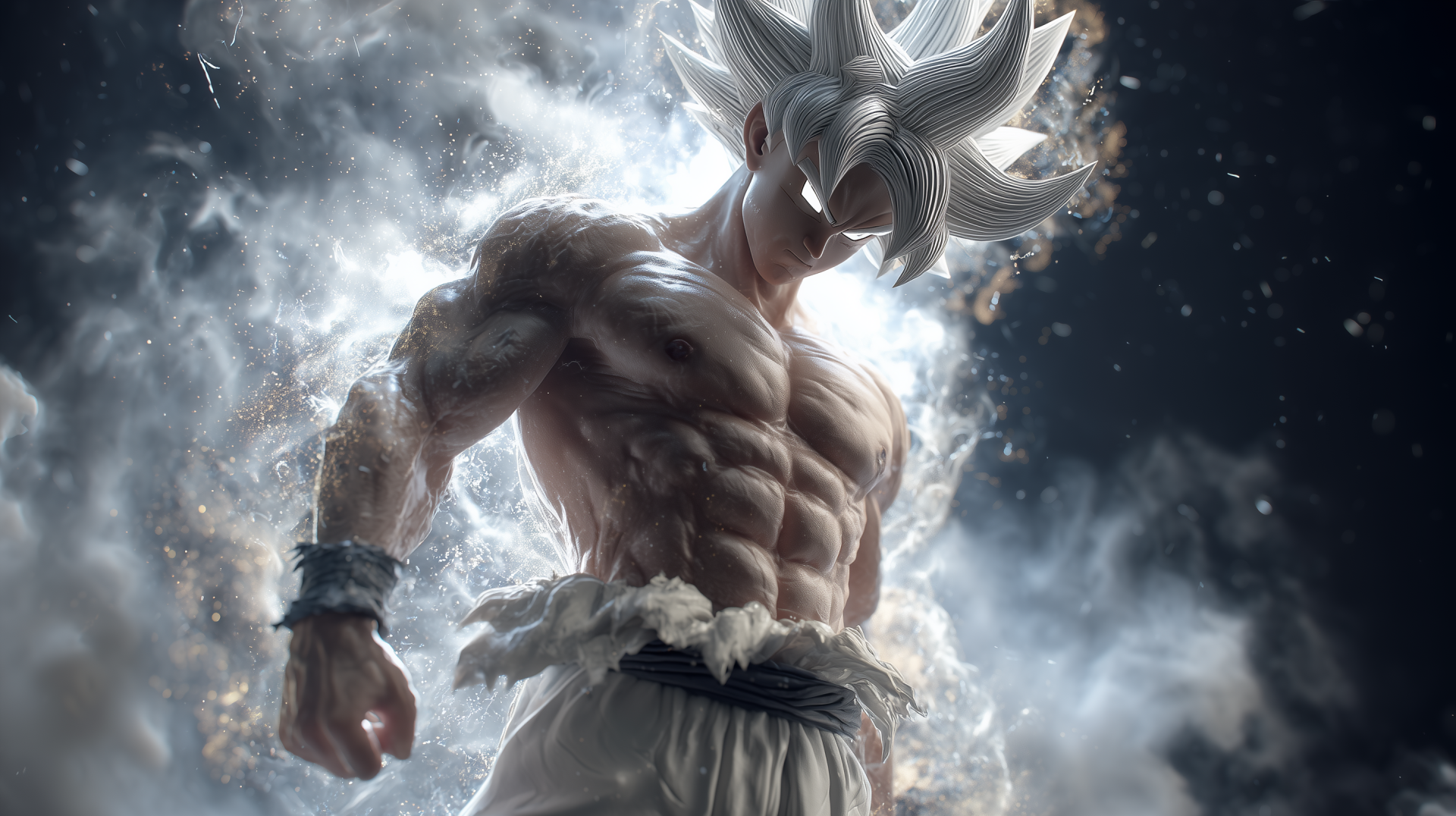Dragon Ball mobile phone wallpaper and 2K Quad HD PC desktop background: Ultra Instinct Goku—silver‑haired, chiseled and muscular, surrounded by a glowing aura and stormy energy.