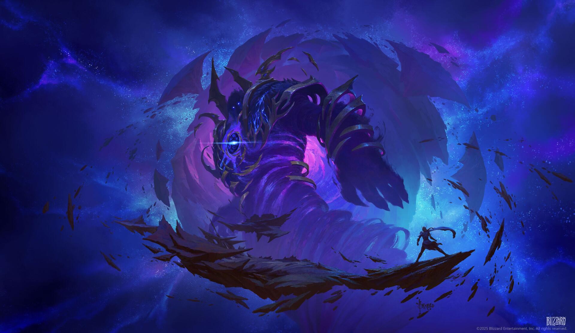 World of Warcraft video game 2K Quad HD PC desktop wallpaper/background: a towering shadowy demon rises from a purple-blue vortex while a lone silhouette stands on a shattered floating rock.