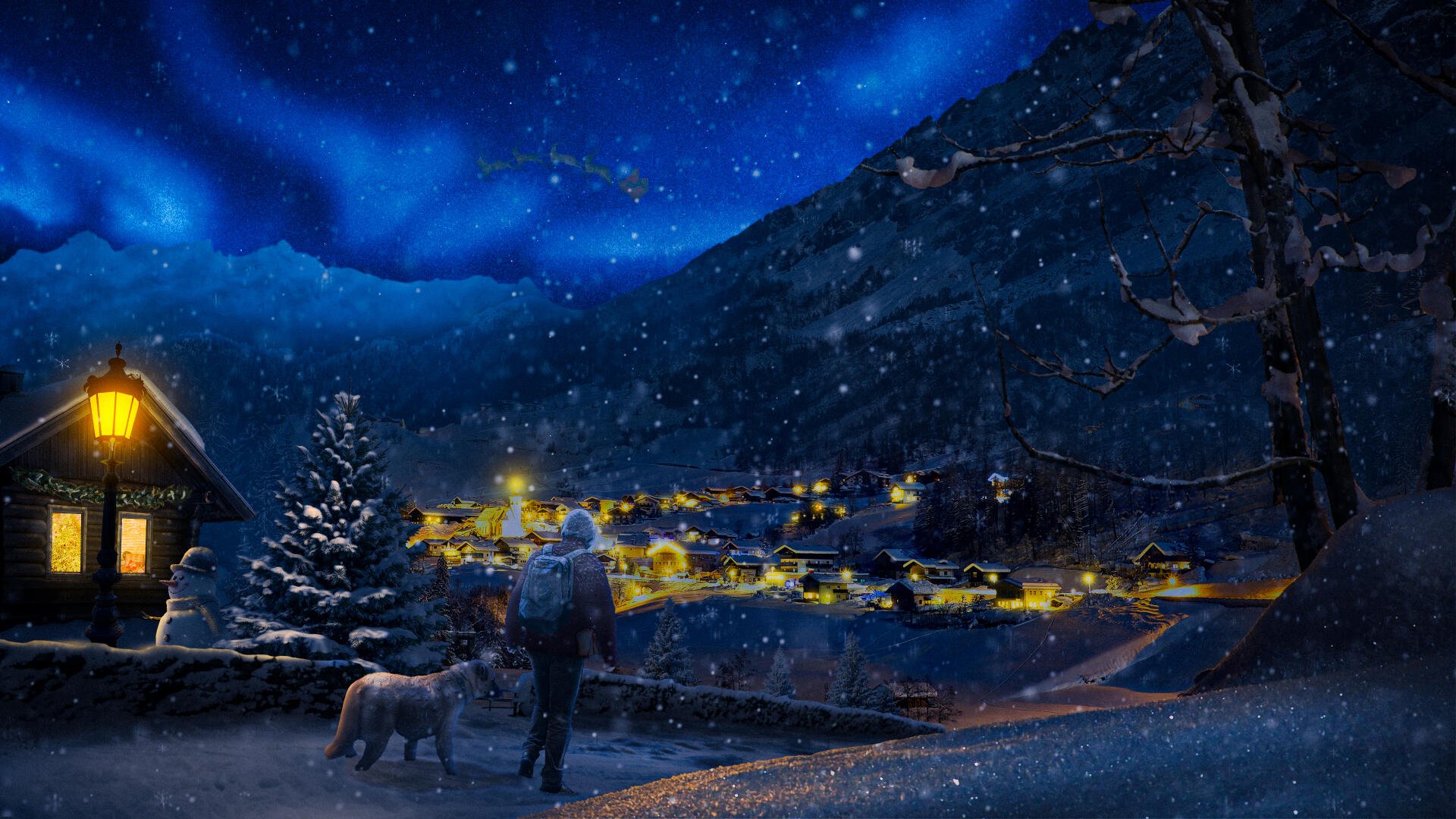 4K Ultra HD PC desktop wallpaper and background: snowy winter night with aurora over mountains, glowing lakeside village, two figures walking a dog along a snow-covered path.