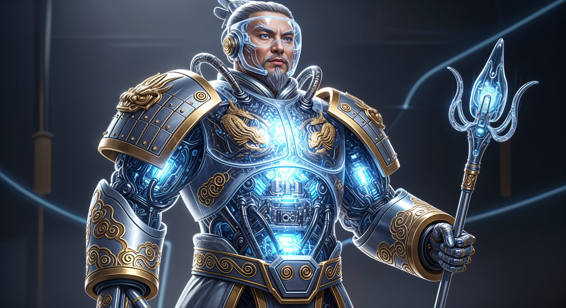 4K Ultra HD PC Desktop Wallpaper and Background: armored futuristic sage in ornate blue-gold exosuit, glowing chest core and trident, radiant energy and intricate details.
