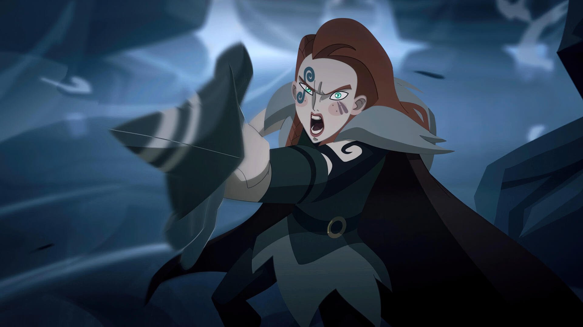 Red-haired warrior with facial tattoo unleashing icy magic amid swirling shards and rocks — Twilight of the Gods, 4K Ultra HD PC desktop wallpaper and background.