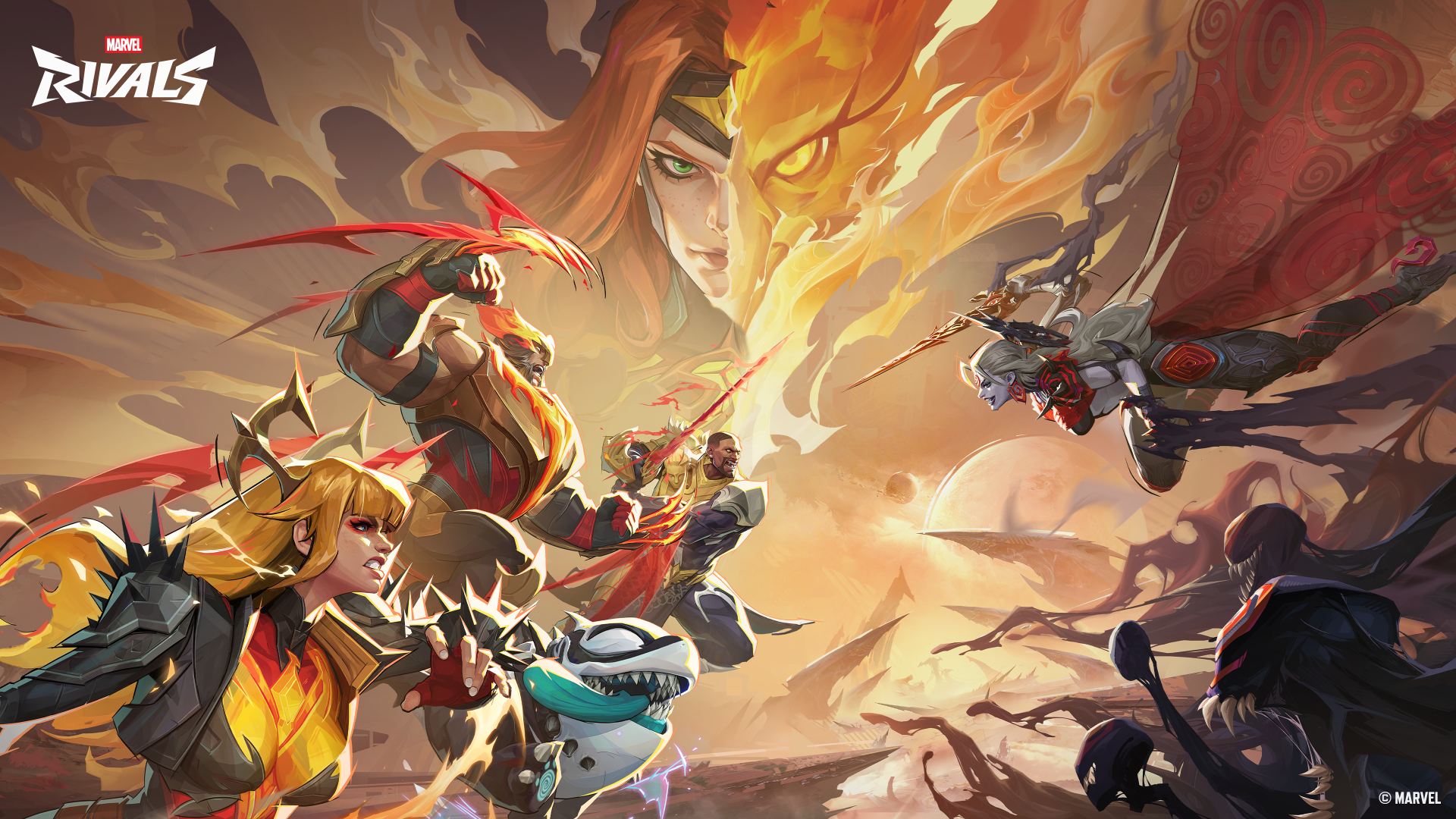 4K Ultra HD PC wallpaper from the video game Marvel Rivals: stylized heroes and villains clash in a dramatic, fiery-sky battle.