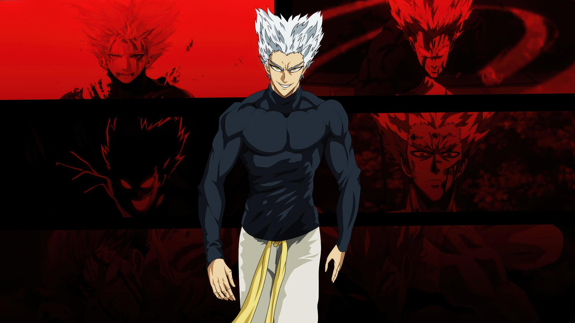 Garou from One-Punch Man strides forward, white hair and black shirt against a red-black collage of his faces — 4K Ultra HD PC desktop wallpaper and background.