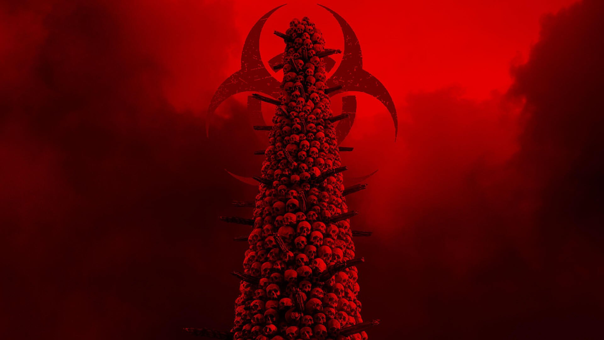 28 Years Later 4K Ultra HD PC desktop wallpaper and background: towering column of skulls beneath a biohazard symbol, drenched in blood-red fog.