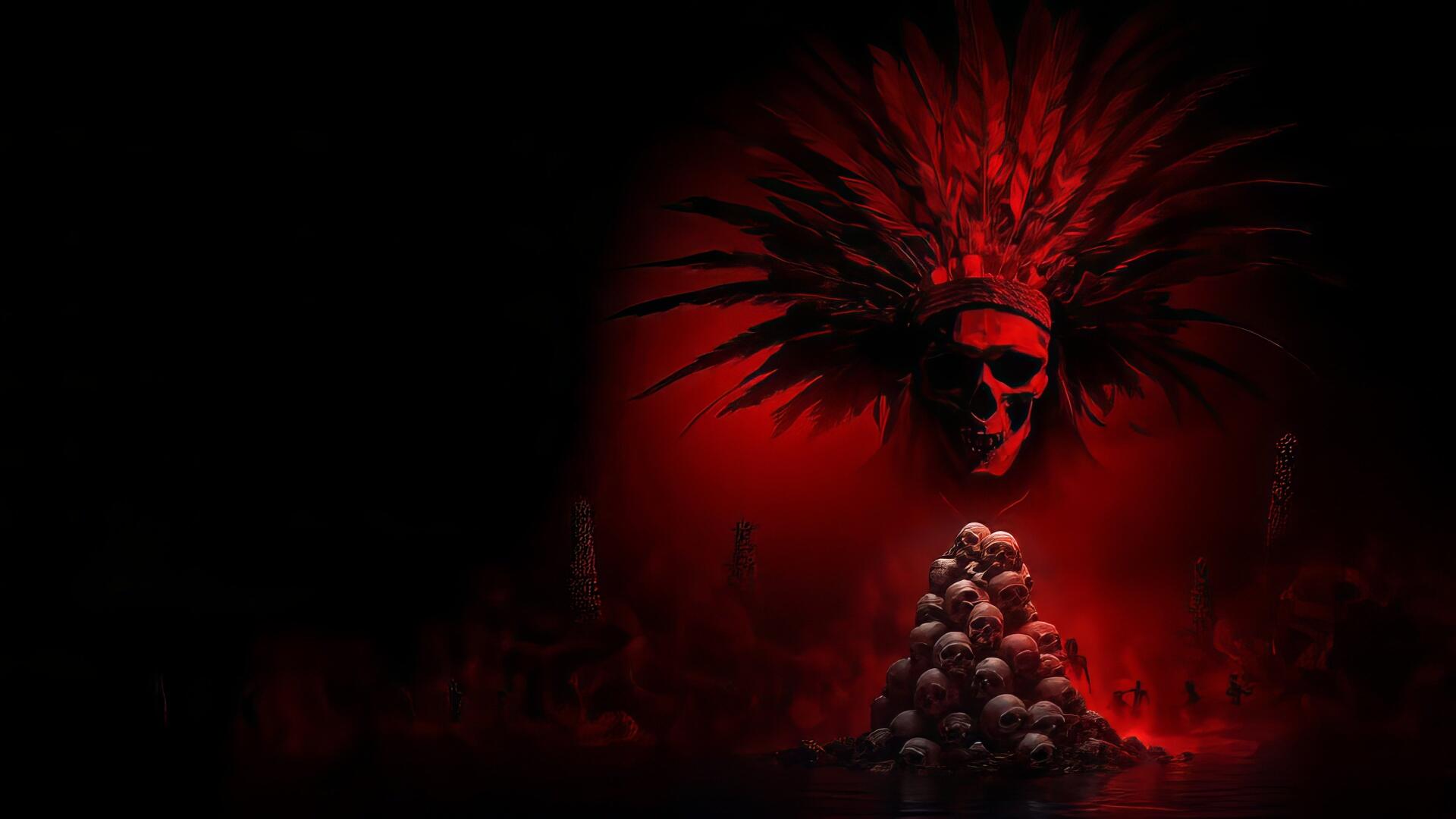 28 Years Later — 4K Ultra HD PC desktop wallpaper and background: a red-black scene with a skull headdress looming over a pyramid of skulls in smoky darkness.