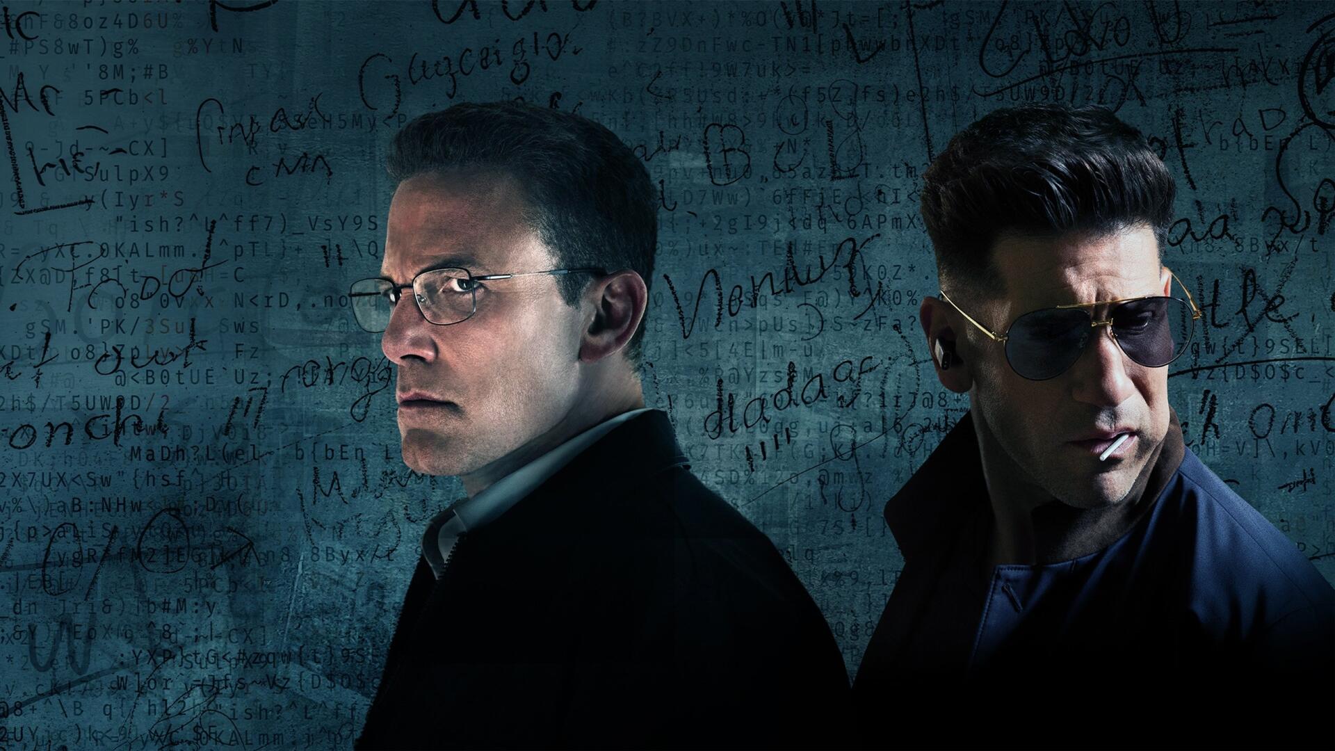 The Accountant 2 2K Quad HD PC desktop wallpaper: two serious men back-to-back before a blue wall covered in handwritten numbers, equations and notes.