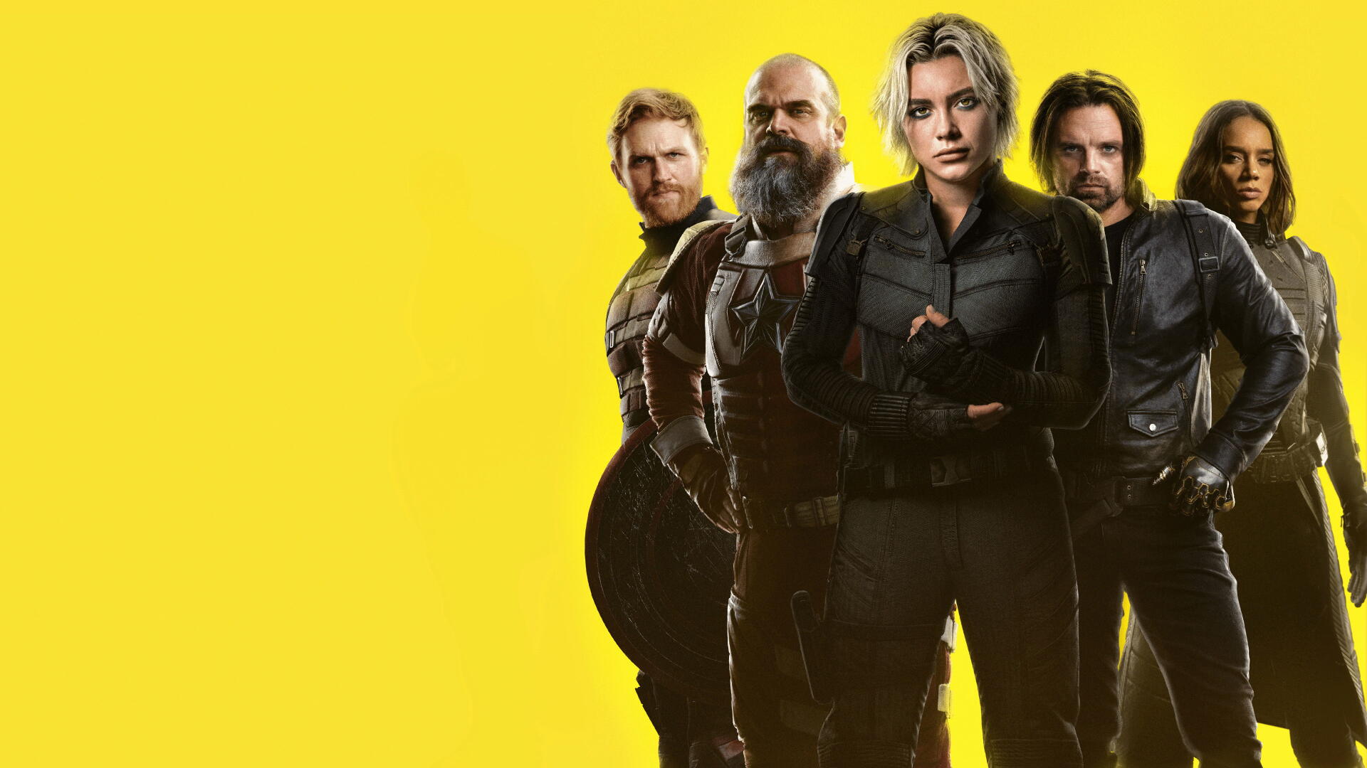 Thunderbolts (2025) 4K Ultra HD PC desktop wallpaper: five leather‑clad antiheroes standing with arms crossed against a bold yellow background.