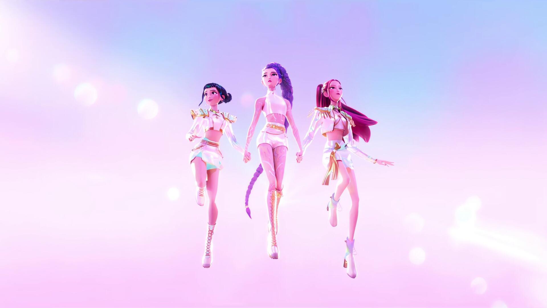 KPop Demon Hunters trio in pastel pink-purple sky, futuristic costumes and dynamic stride — 2K Quad HD PC desktop wallpaper.