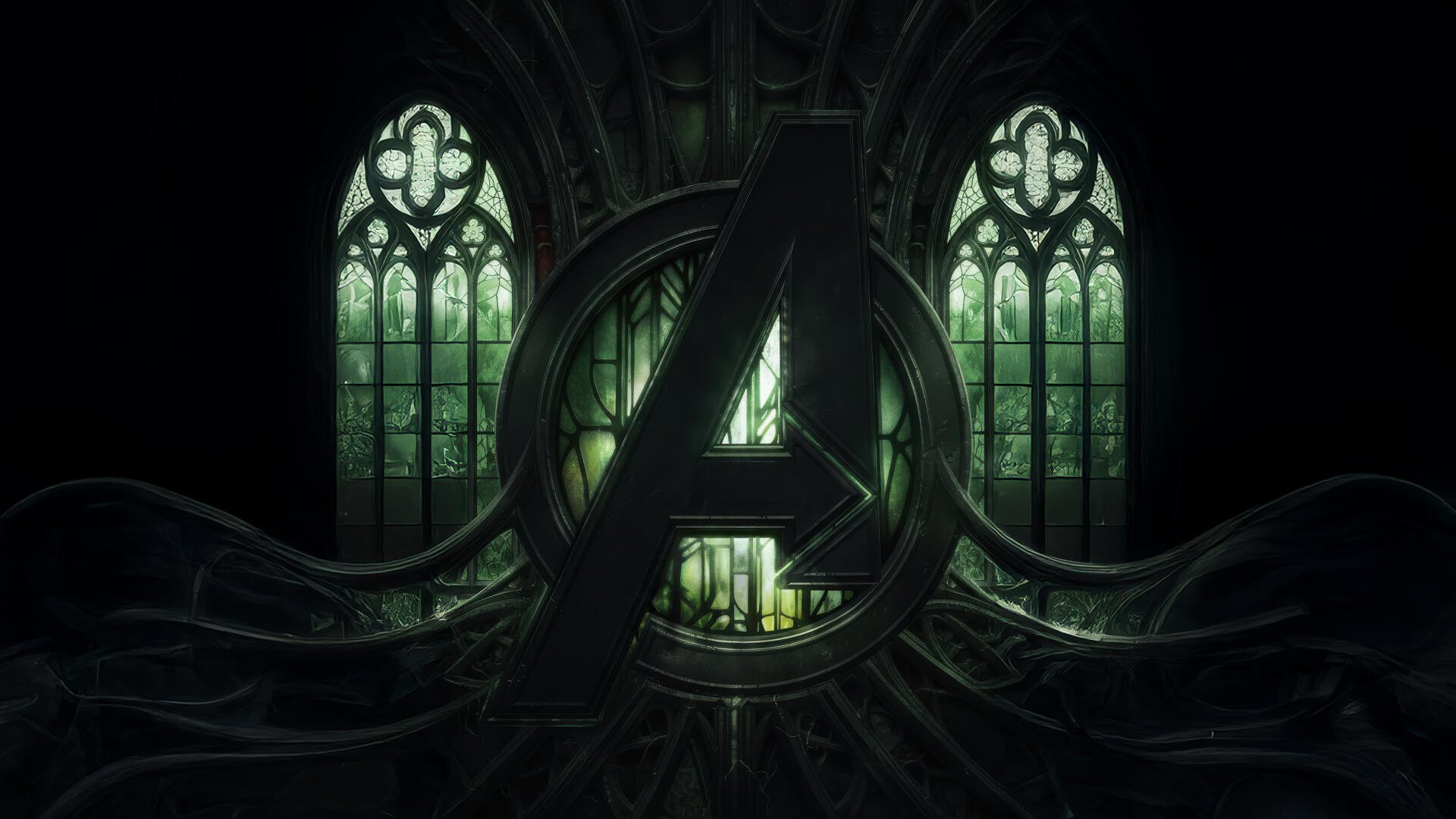 Avengers: Doomsday 5K Ultra HD PC wallpaper — dark Gothic cathedral with a glowing green Avengers A emblem framed by arched stained-glass windows and twisting metallic tendrils.