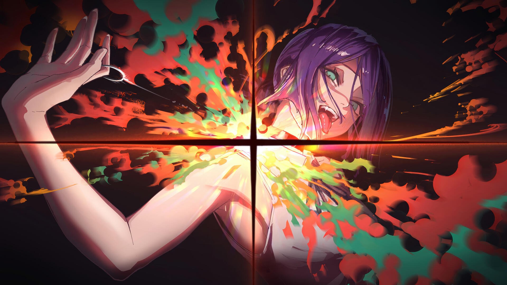Chainsaw Man 4K Ultra HD PC desktop wallpaper and background: purple-haired character screaming as vibrant, blood-like splashes erupt across a four-pane crosshair.