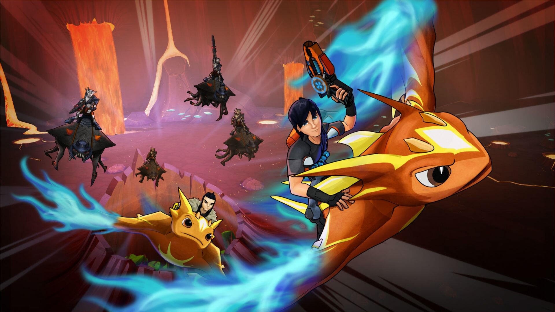 Slugterra HD PC desktop wallpaper: action scene of blue-haired hero firing a slug shooter while riding an orange slug with a glowing blue trail, companions and enemy figures in a cavern background.