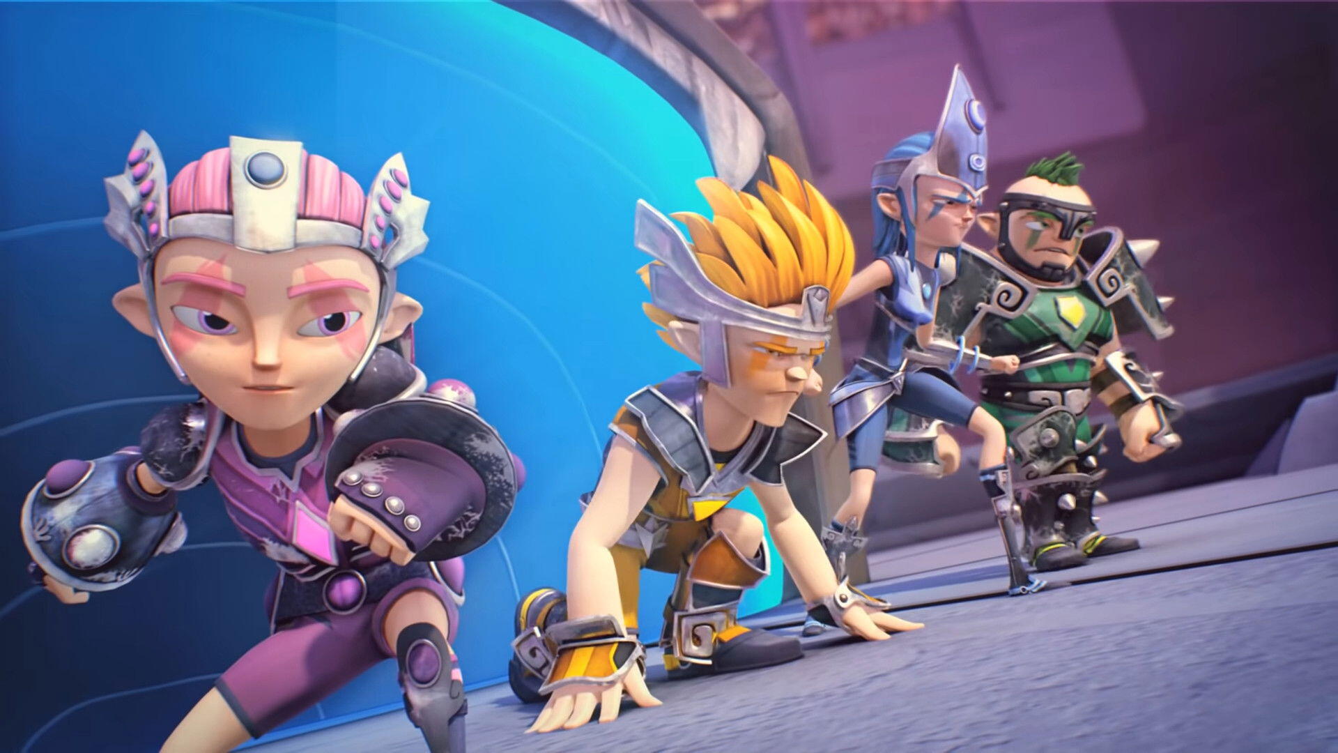 Sendokai Champions HD PC desktop wallpaper/background featuring four colorful armored characters crouched to sprint across a bright, futuristic arena.