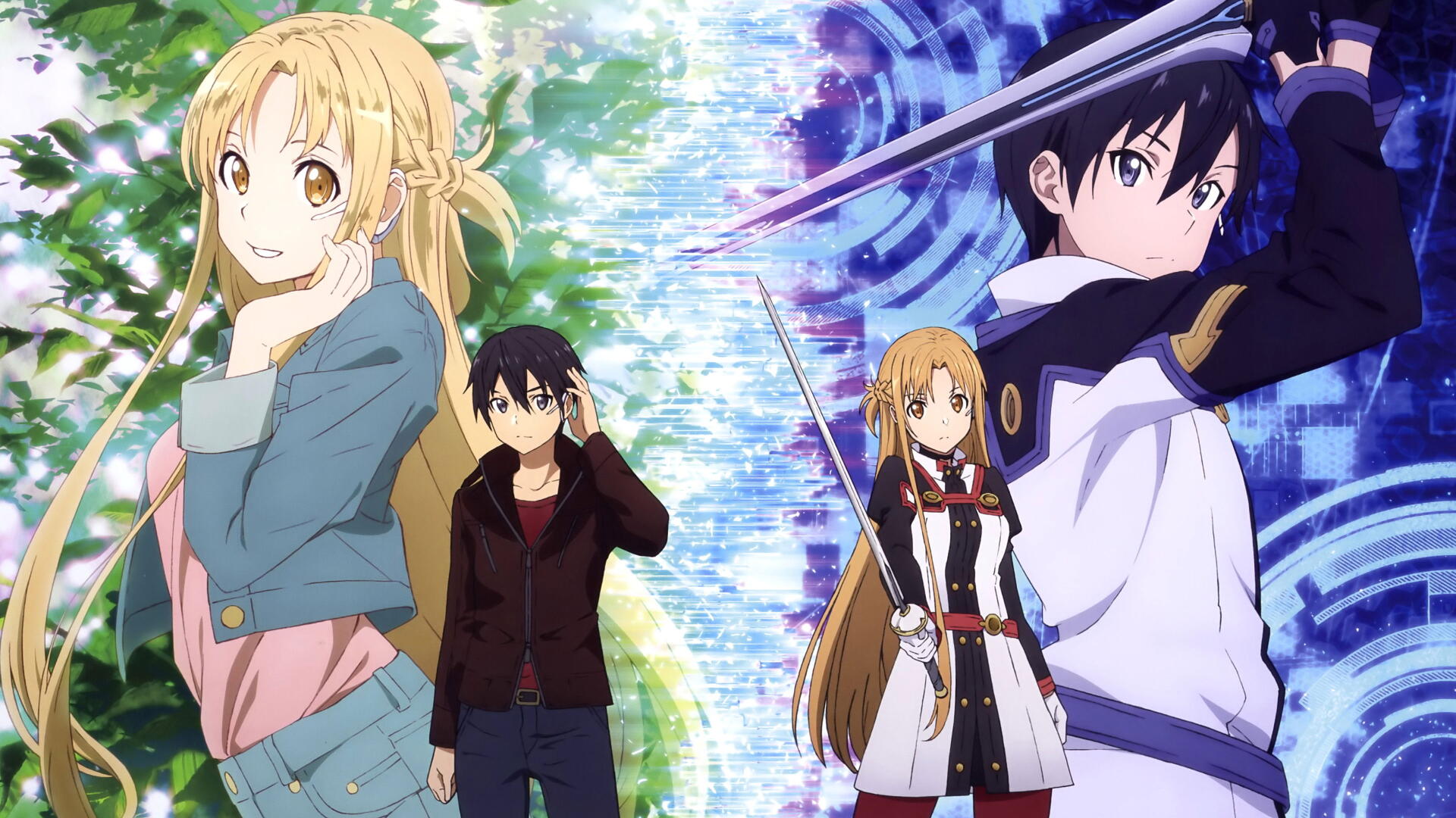 Sword Art Online 4K Ultra HD PC desktop wallpaper showing Kirito and Asuna in battle stances and casual poses against a glowing blue-green fantasy background.