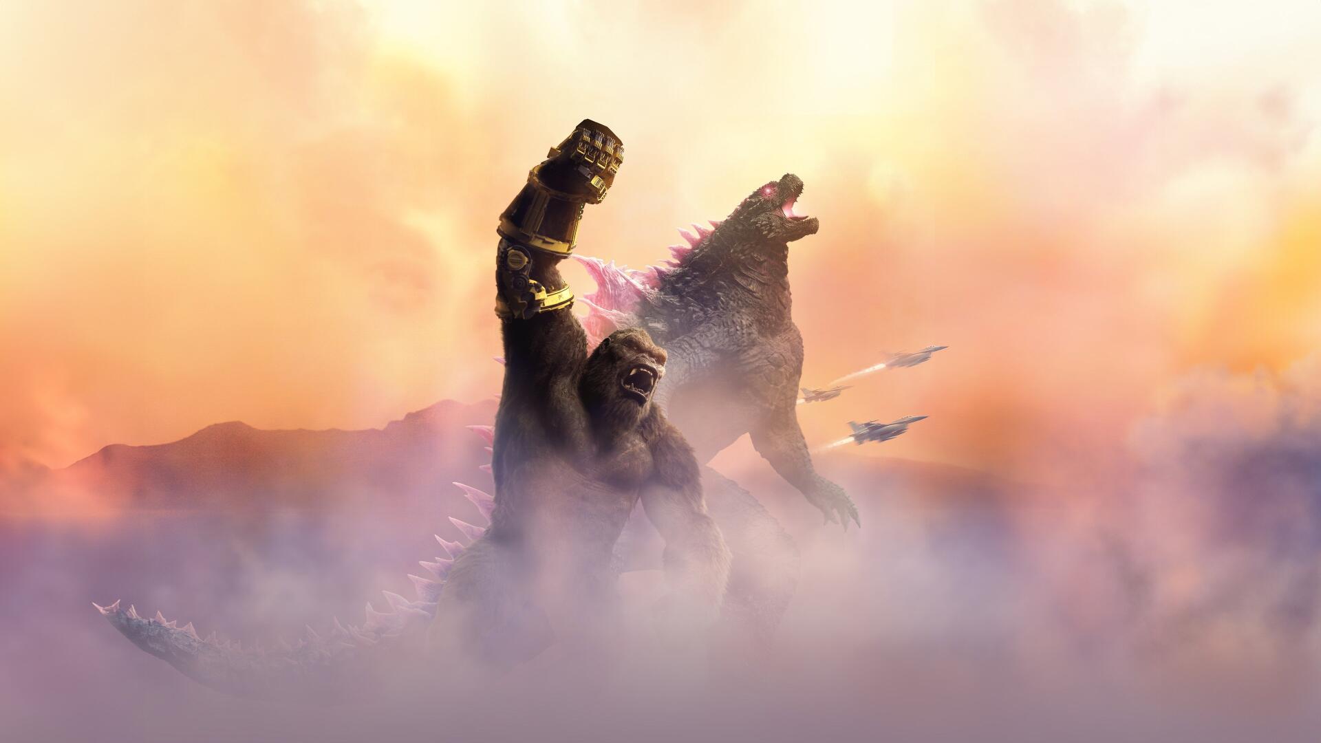 Godzilla x Kong: The New Empire — Kong and Godzilla rise from mist at sunrise with jets streaking overhead; 4K Ultra HD PC desktop wallpaper background.