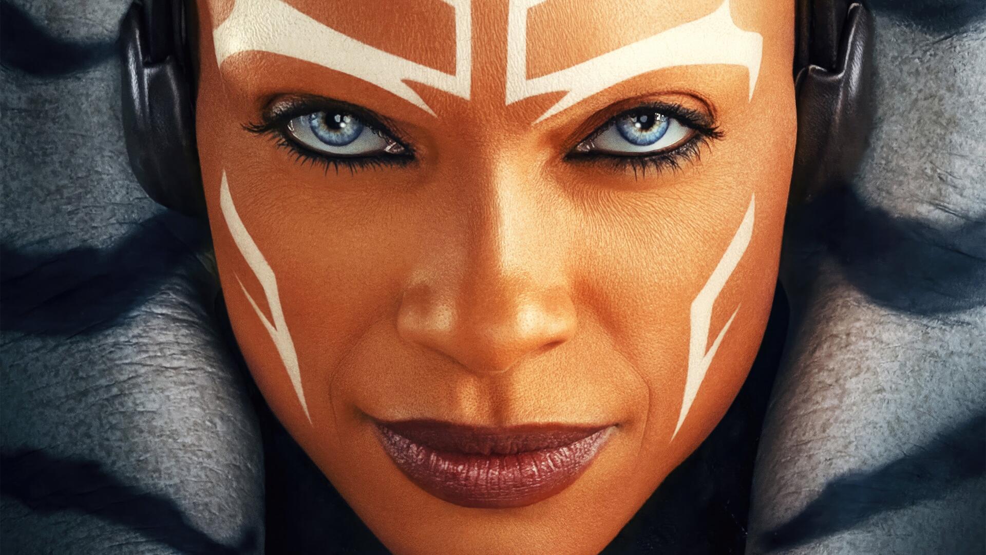 Close-up of Ahsoka (2023) with white facial markings, piercing blue eyes and a determined gaze — cinematic 4K Ultra HD PC desktop wallpaper/background.