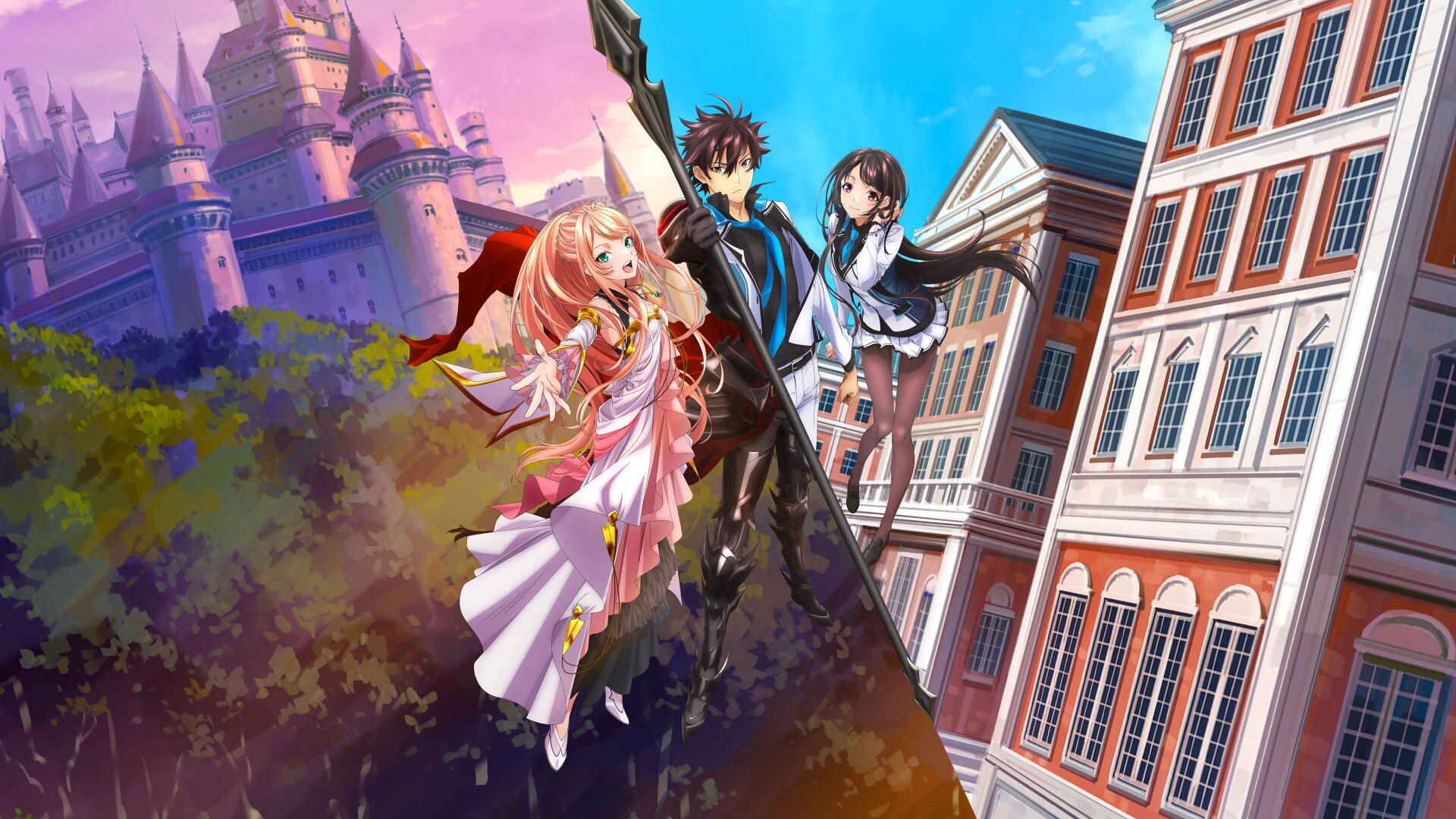 4K Ultra HD PC desktop wallpaper for I Got a Cheat Skill in Another World and Became Unrivaled in The Real World Too — protagonist with sword flanked by two companions, castle meets city skyline.